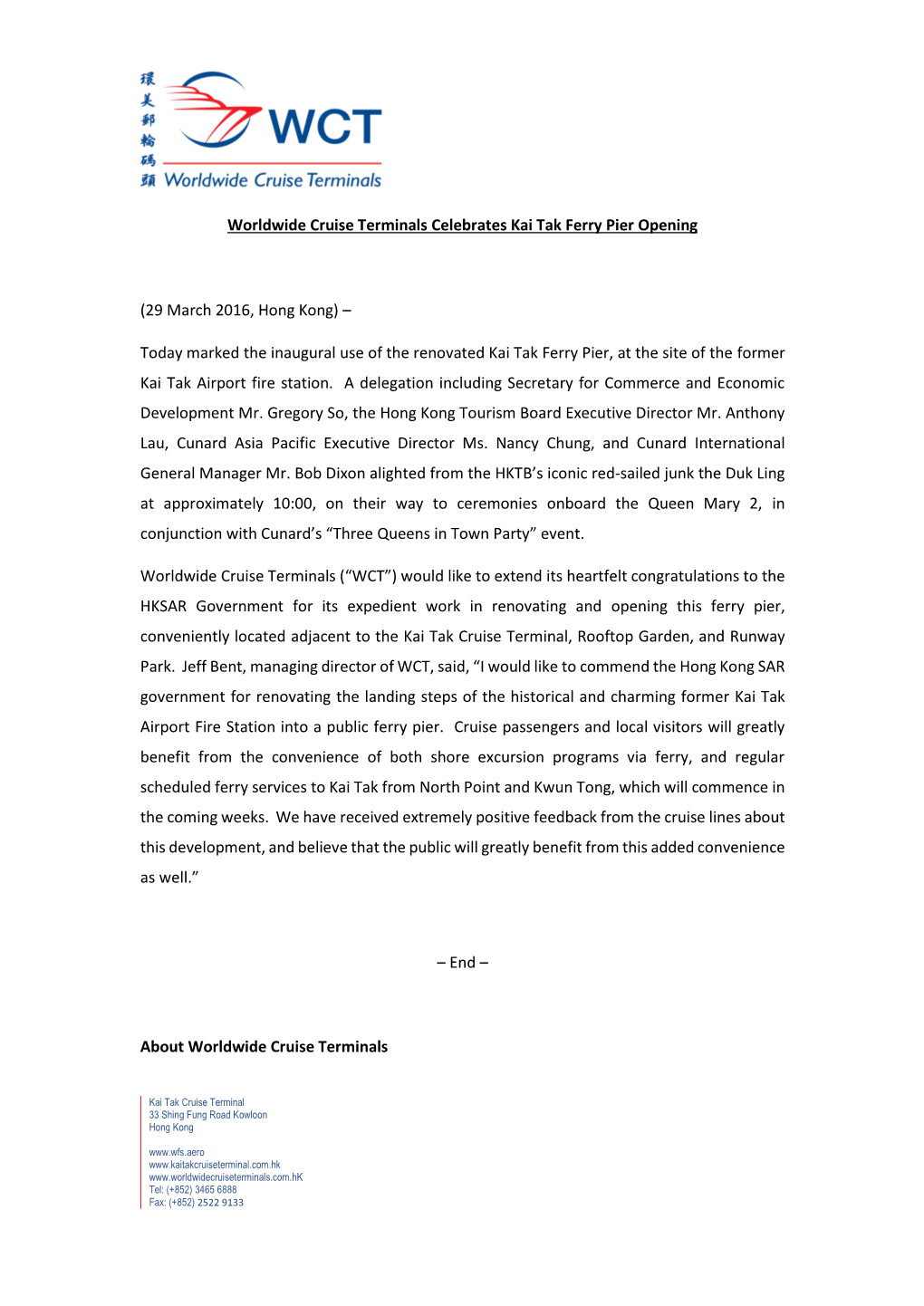 WCT Celebrates Kai Tak Ferry Pier Opening Press Release