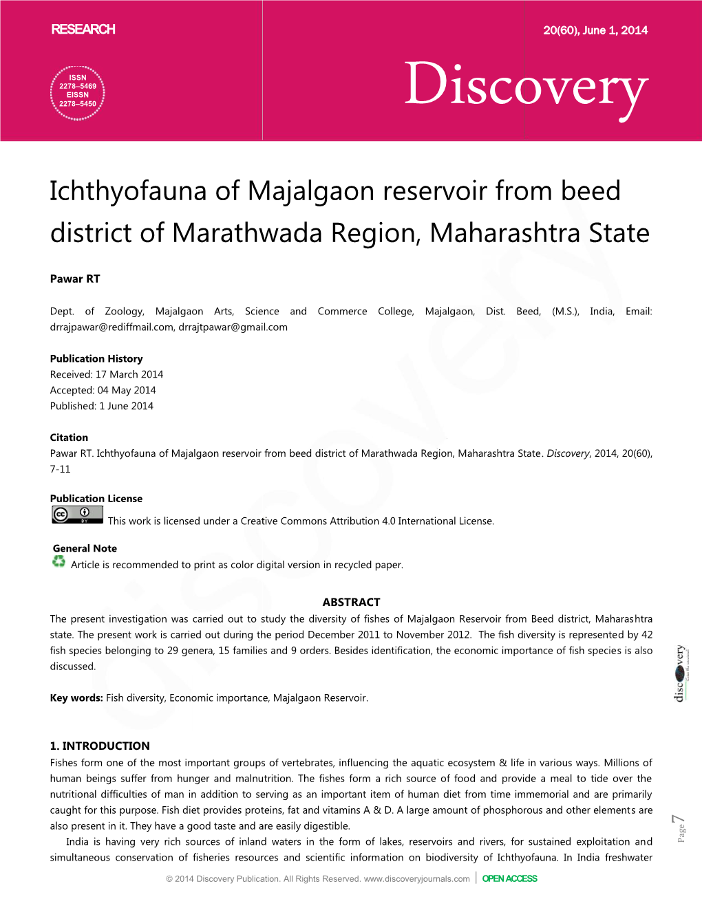 Ichthyofauna of Majalgaon Re District of Marathwada Region Ofauna Of