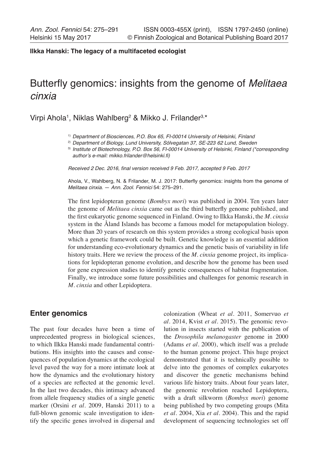 Insights from the Genome of Melitaea Cinxia