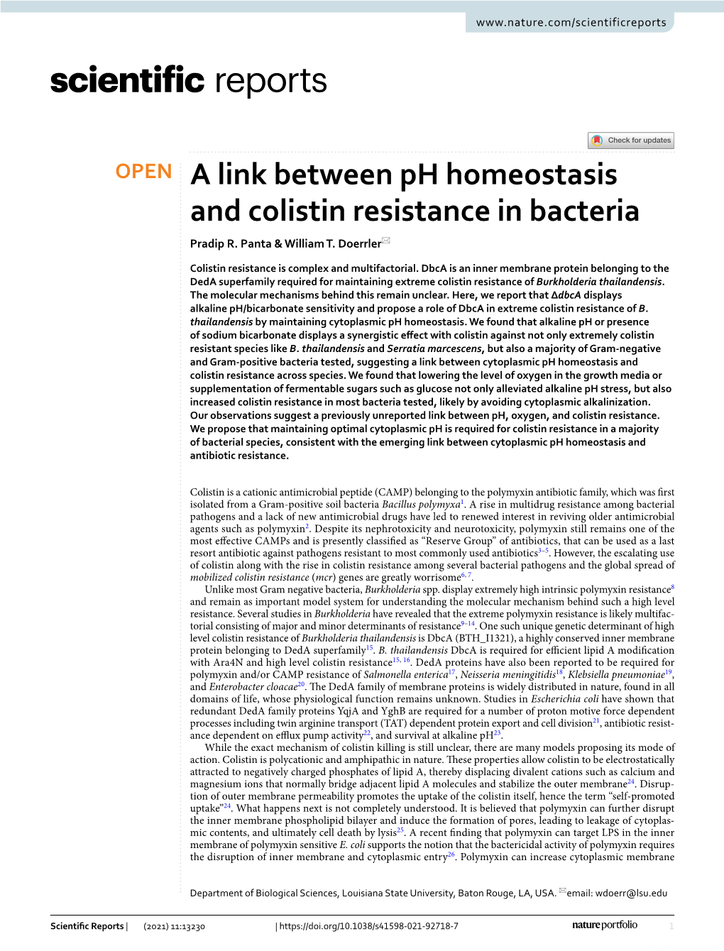 A Link Between Ph Homeostasis and Colistin Resistance in Bacteria Pradip R