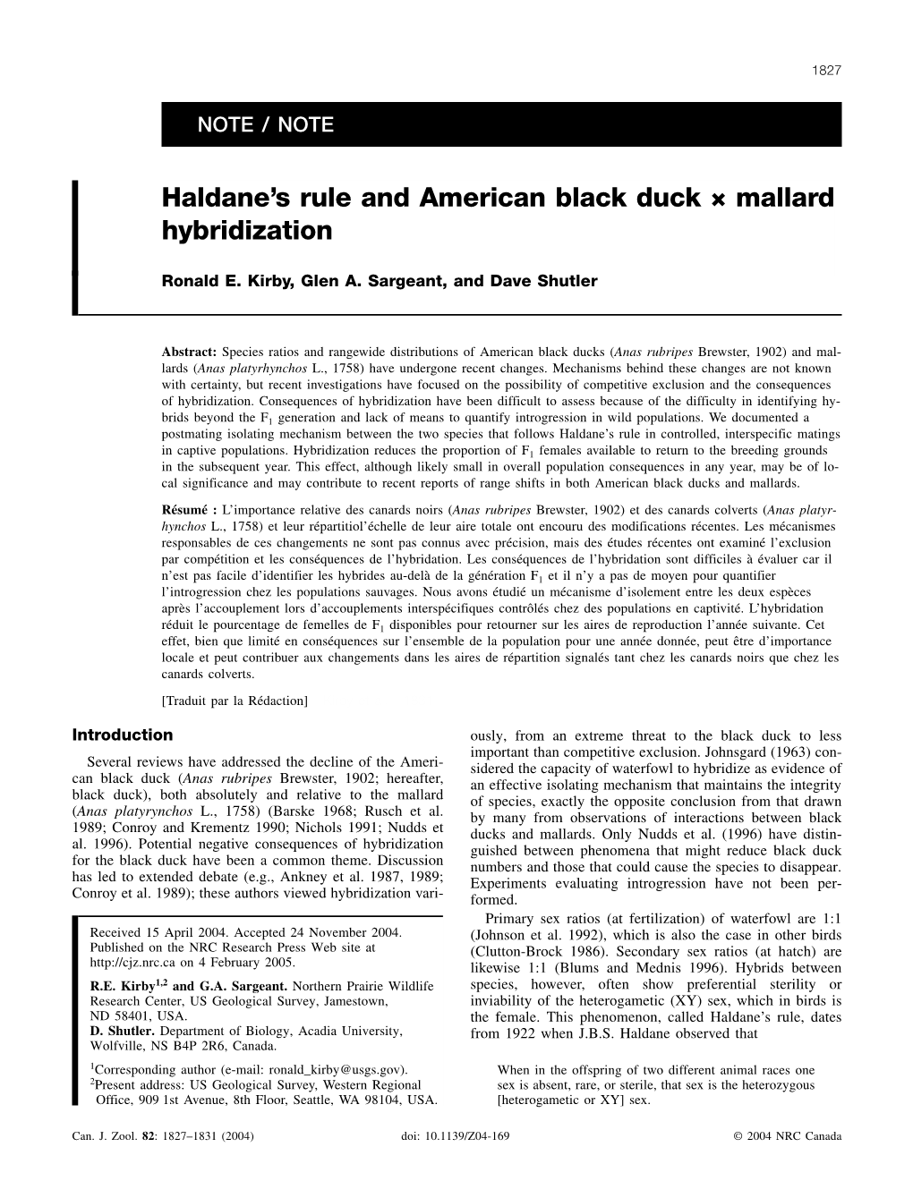 Haldane's Rule and American Black Duck × Mallard Hybridization