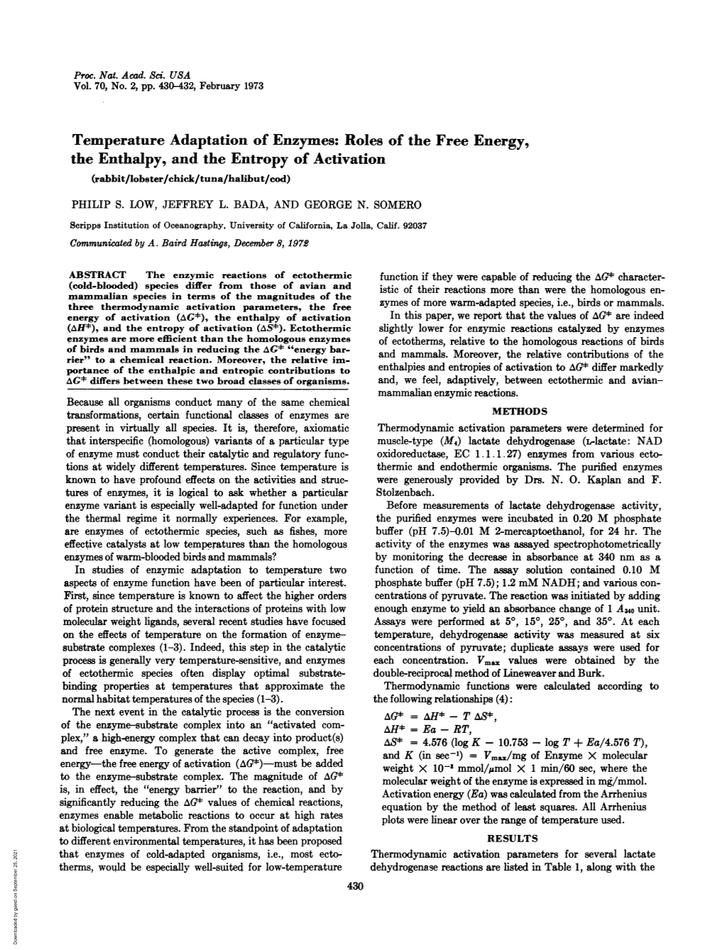 The Enthalpy, and the Entropy of Activation (Rabbit/Lobster/Chick/Tuna/Halibut/Cod) PHILIP S