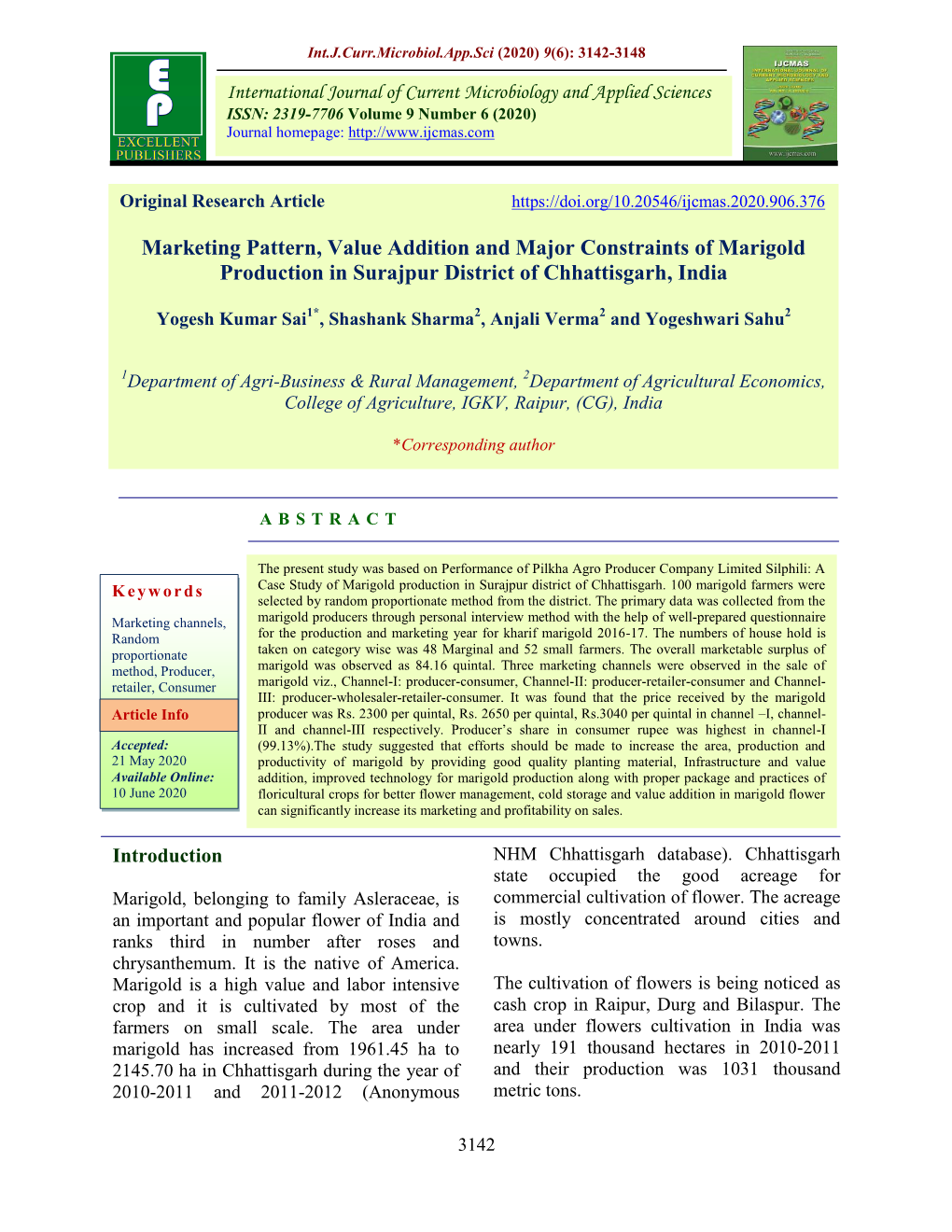 Marketing Pattern, Value Addition and Major Constraints of Marigold Production in Surajpur District of Chhattisgarh, India