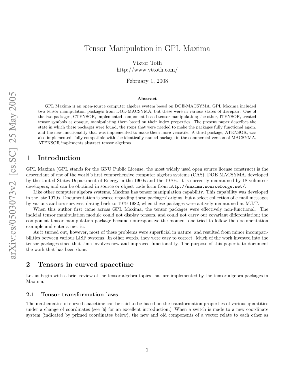 Tensor Manipulation in GPL Maxima