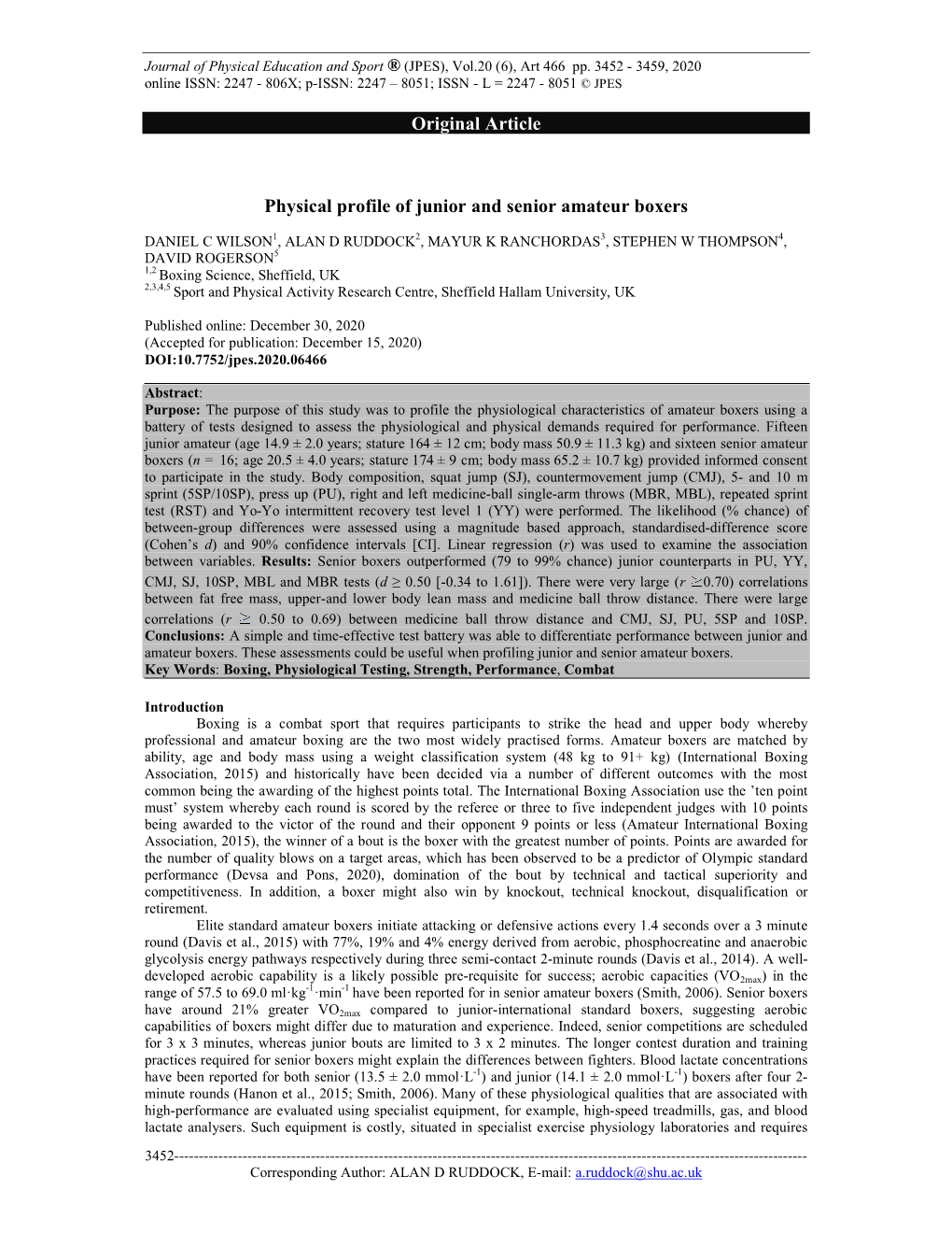 Original Article Physical Profile of Junior and Senior Amateur Boxers