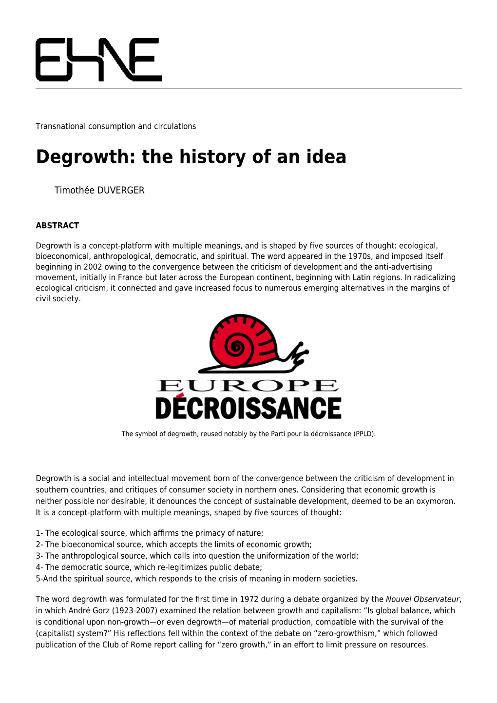 Degrowth: the History of an Idea