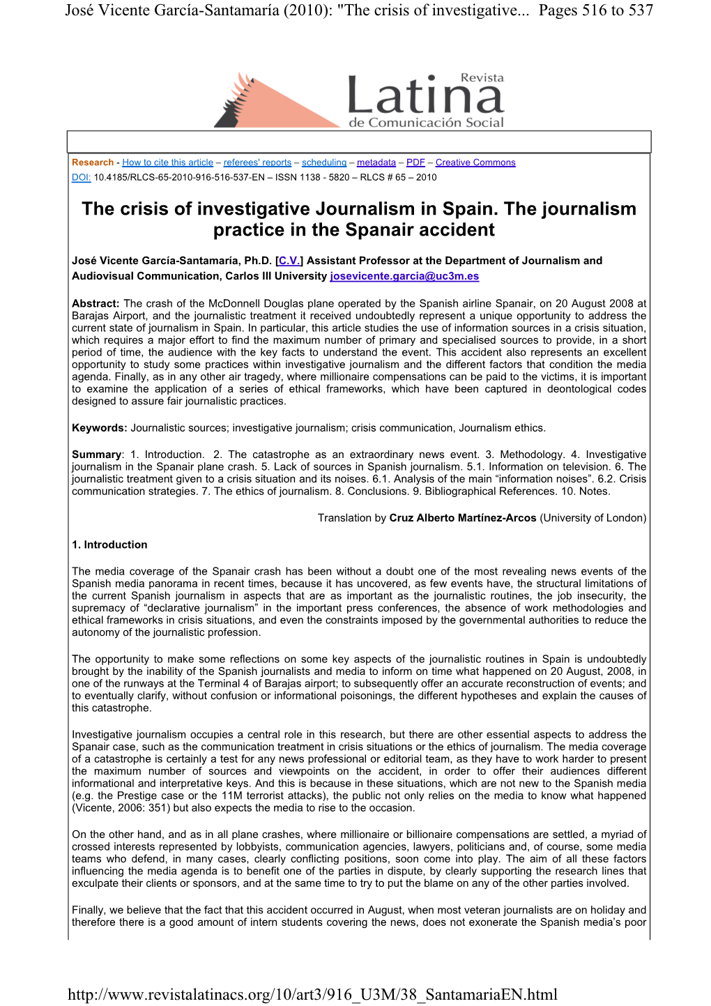 PDF – Creative Commons DOI: 10.4185/RLCS-65-2010-916-516-537-EN – ISSN 1138 - 5820 – RLCS # 65 – 2010 the Crisis of Investigative Journalism in Spain