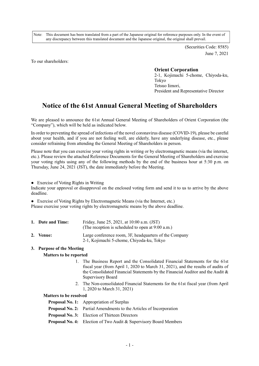 Notice of the 61St Annual General Meeting of Shareholders