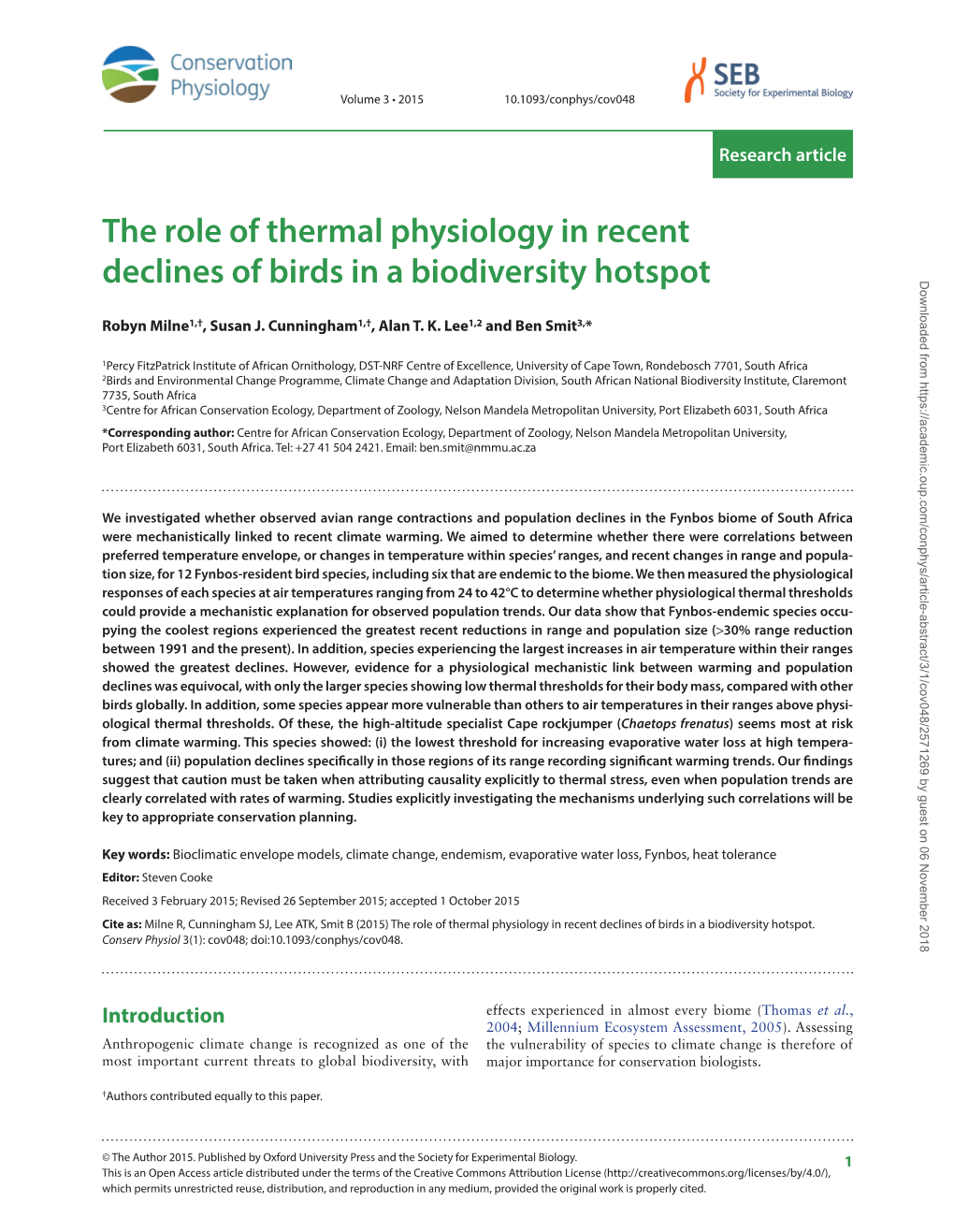 The Role of Thermal Physiology in Recent Declines of Birds in a Biodiversity Hotspot