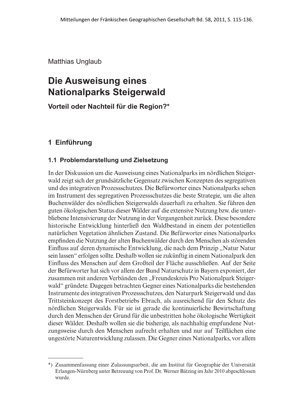 Die Ausweisung Eines Nationalparks Steigerwald Vorteil Oder Nachteil Für Die Region?*