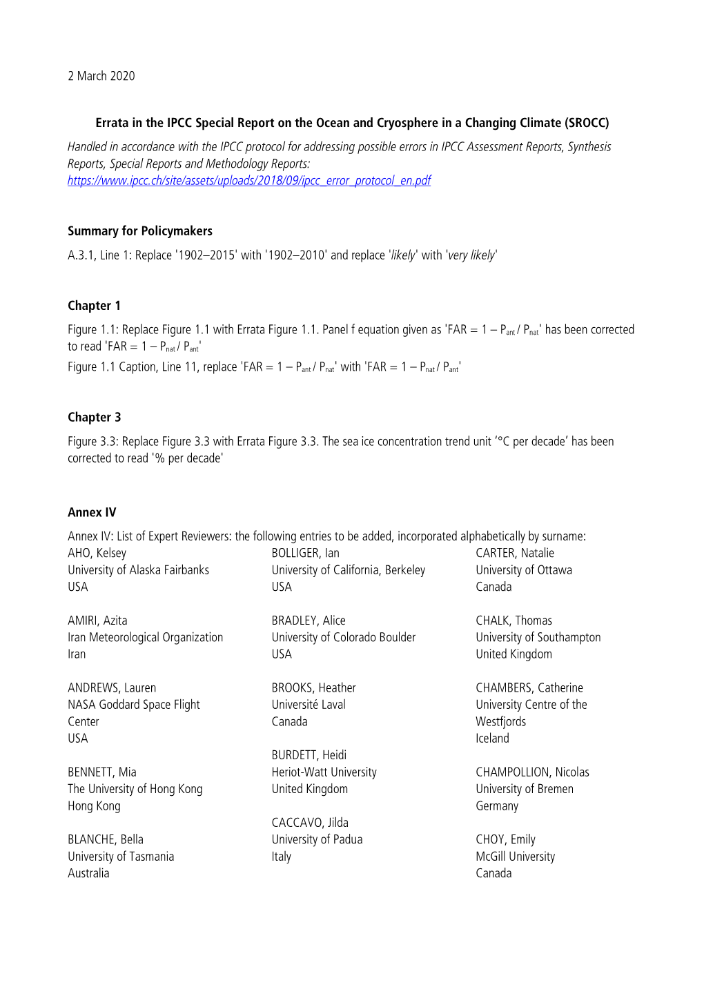 2 March 2020 Errata in the IPCC Special Report on the Ocean and Cryosphere in a Changing Climate (SROCC) Handled in Accordance W