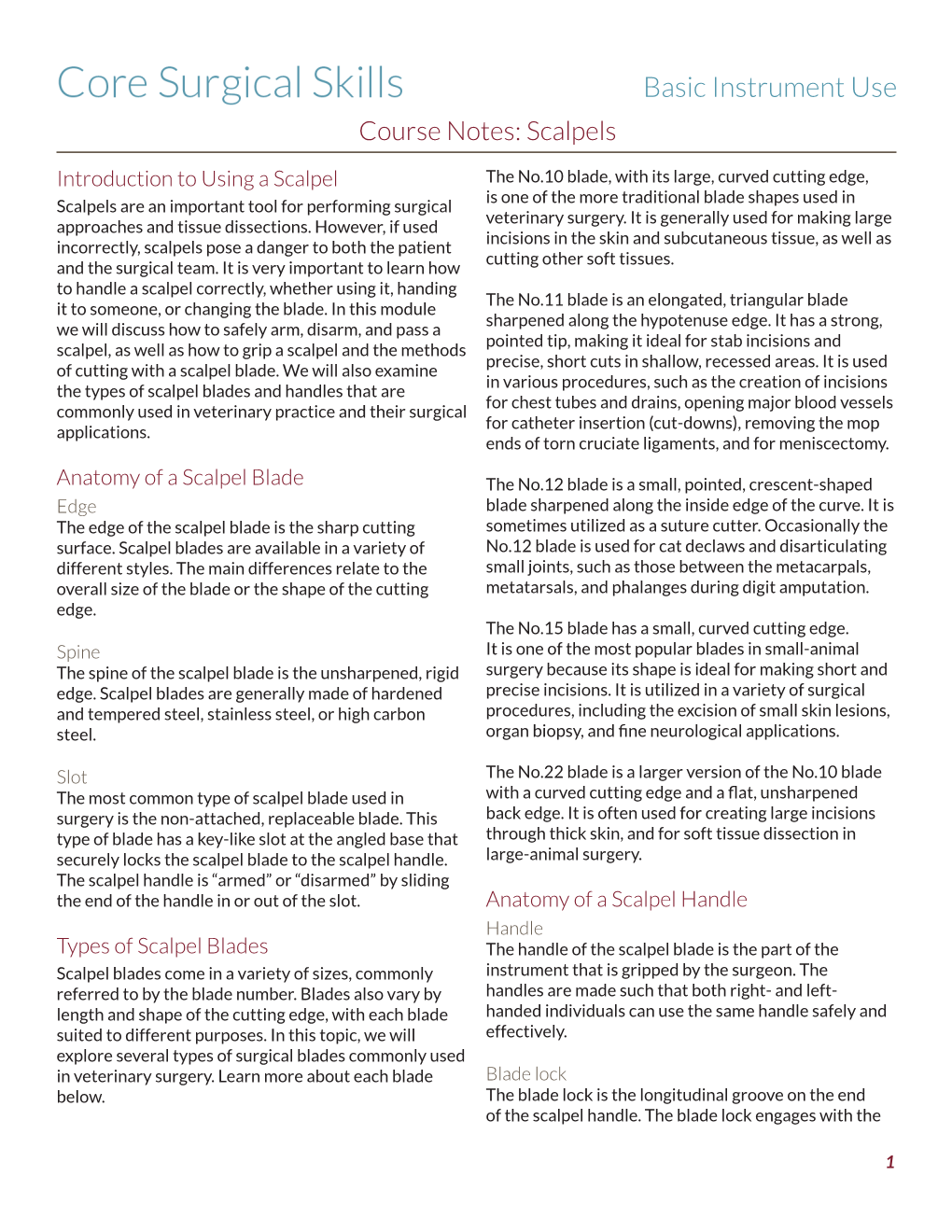 Basic Instrument Use Course Notes: Scalpels