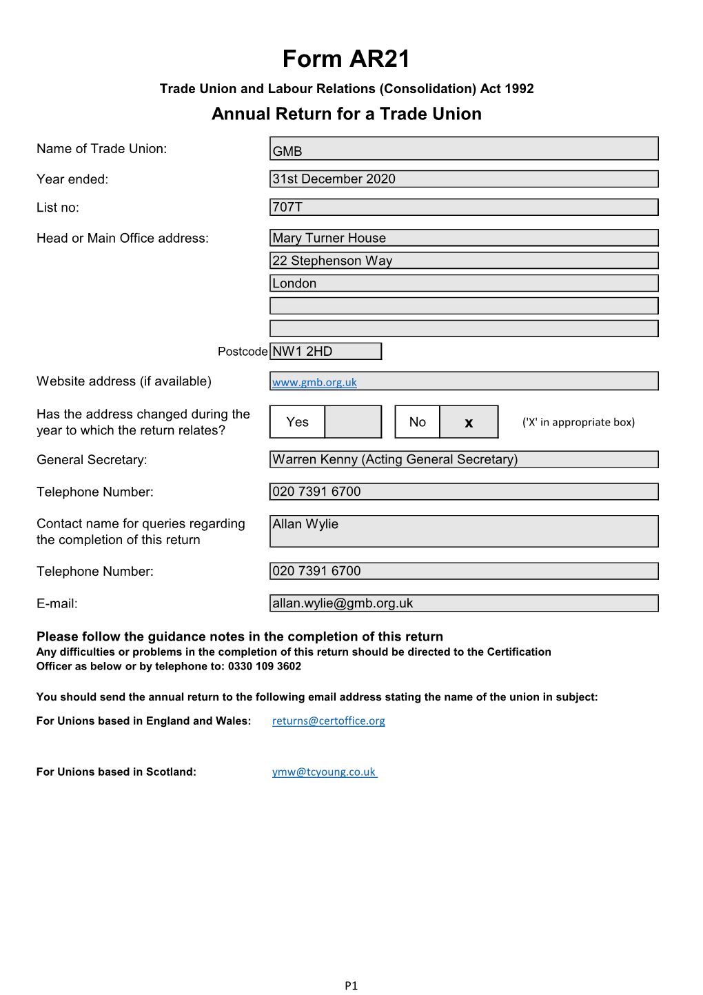 Form AR21 Trade Union and Labour Relations (Consolidation) Act 1992 Annual Return for a Trade Union