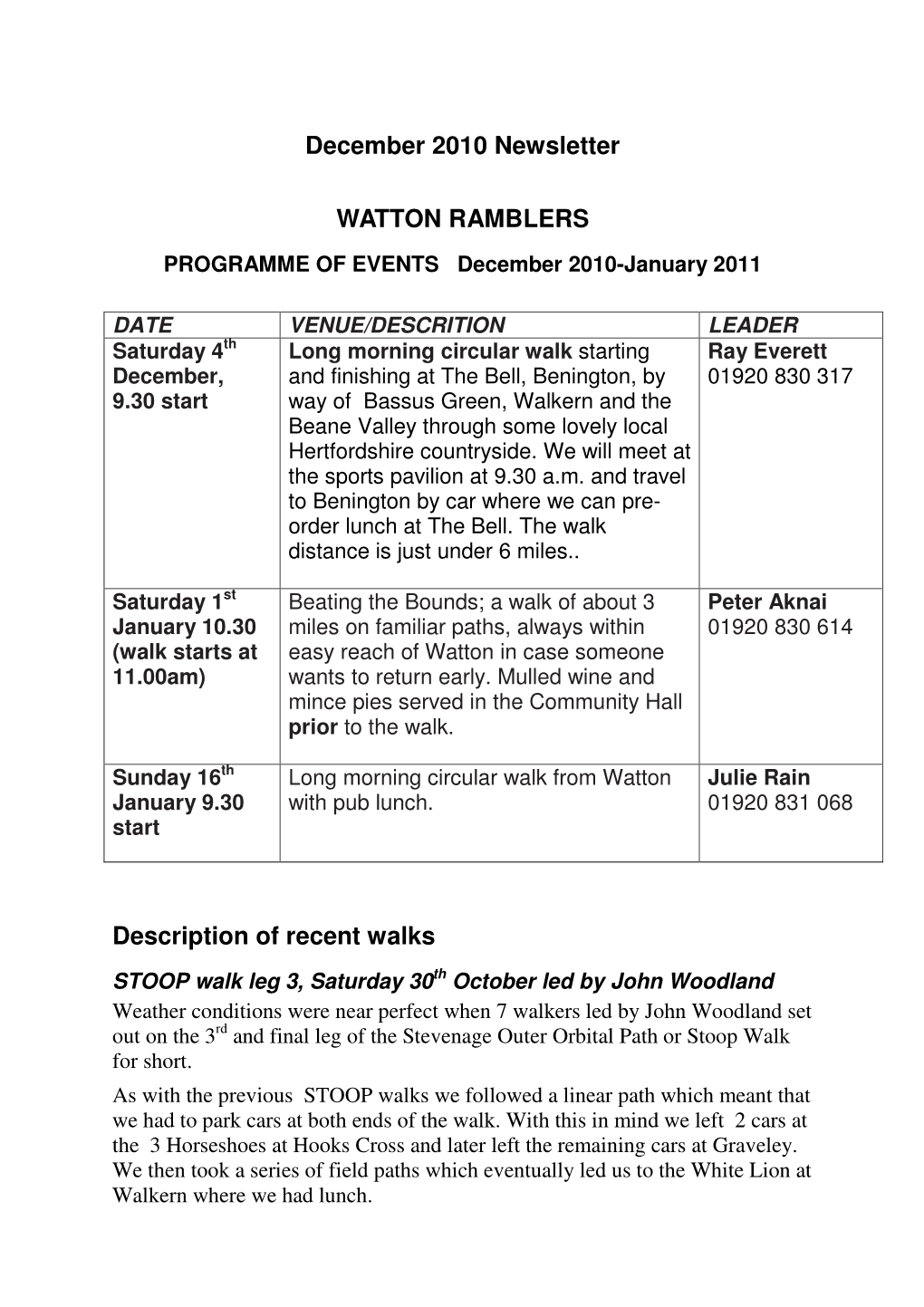 December 2010 Newsletter WATTON RAMBLERS Description of Recent Walks