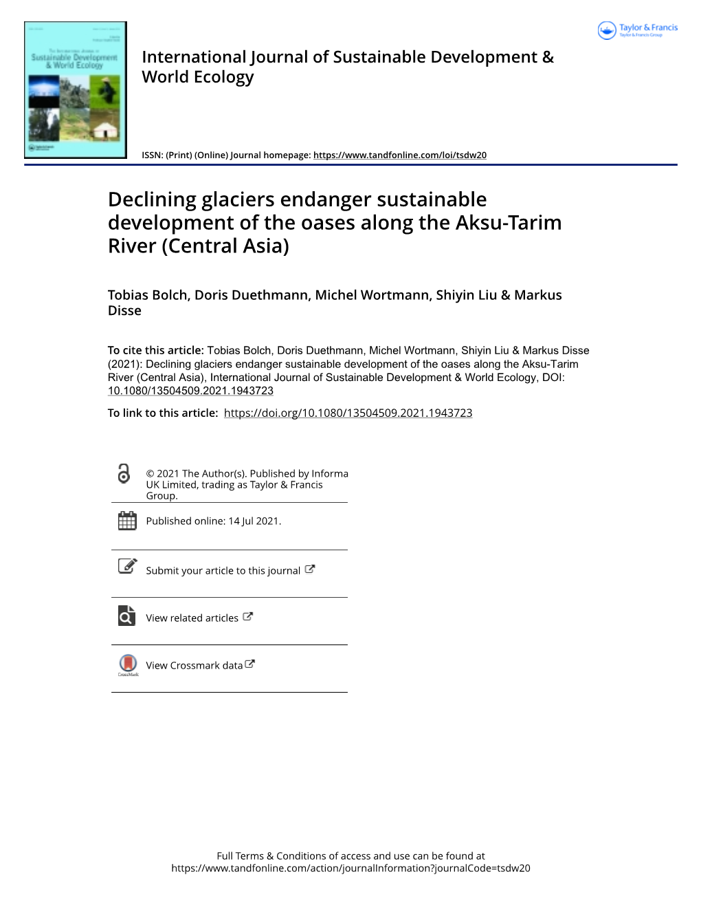 Declining Glaciers Endanger Sustainable Development of the Oases Along the Aksu-Tarim River (Central Asia)
