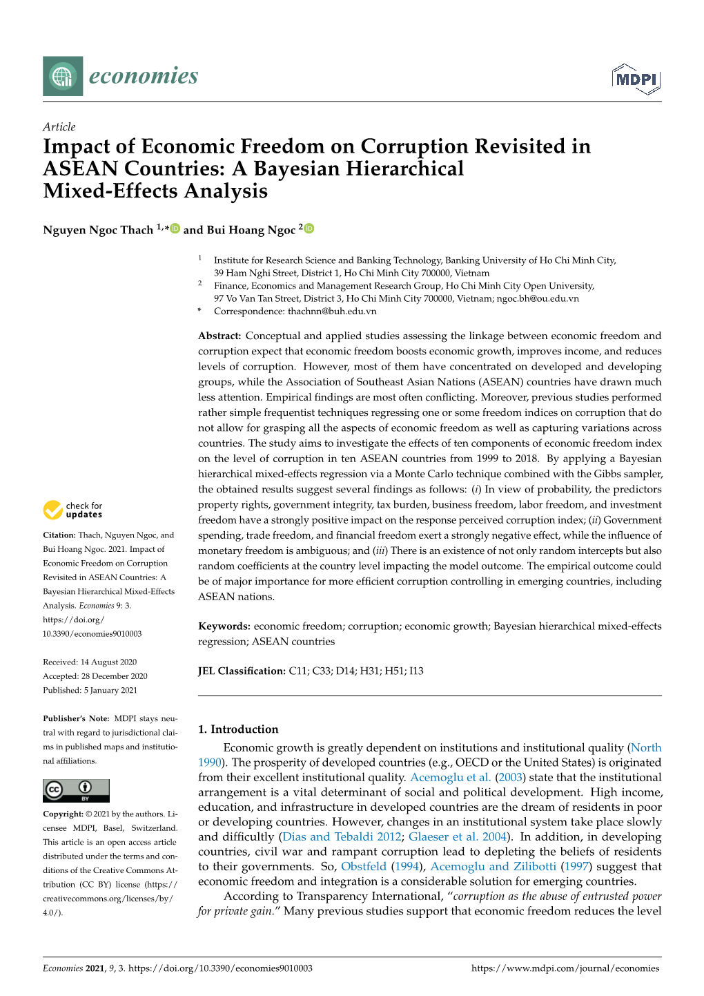 Impact of Economic Freedom on Corruption Revisited in ASEAN Countries: a Bayesian Hierarchical Mixed-Effects Analysis