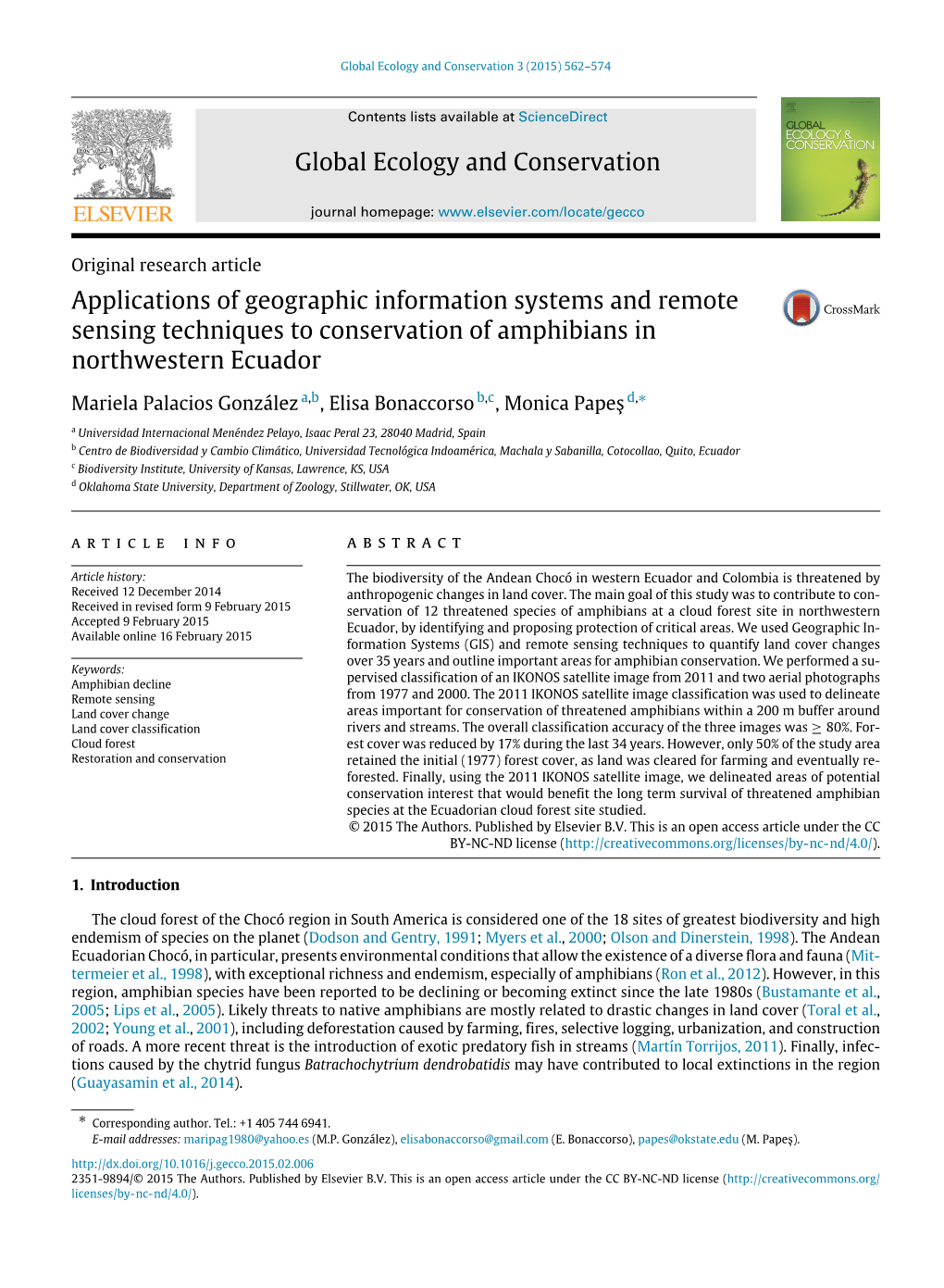 Applications of Geographic Information Systems and Remote Sensing Techniques to Conservation of Amphibians in Northwestern Ecuador