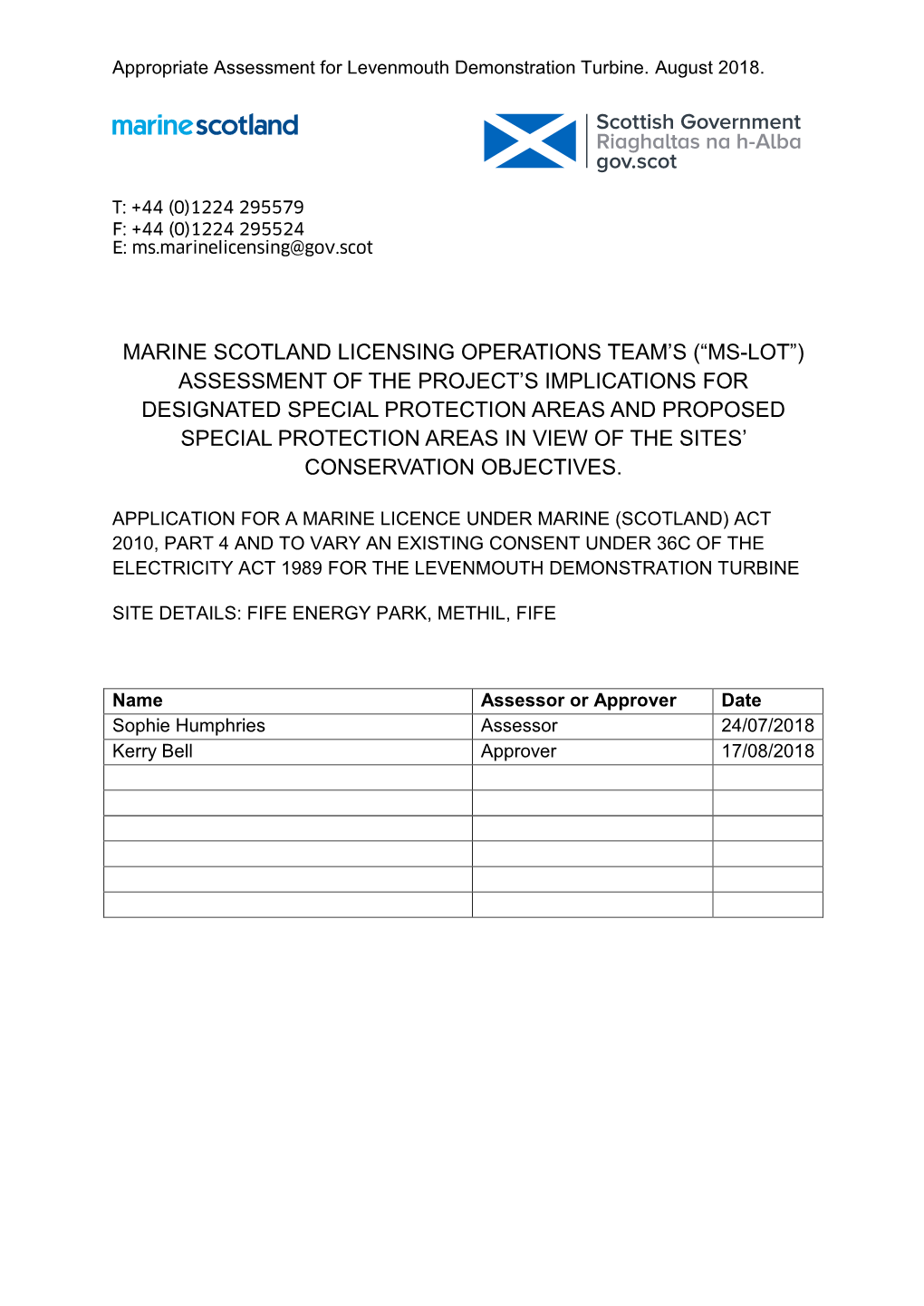 Appropriate Assessment for Levenmouth Demonstration Turbine