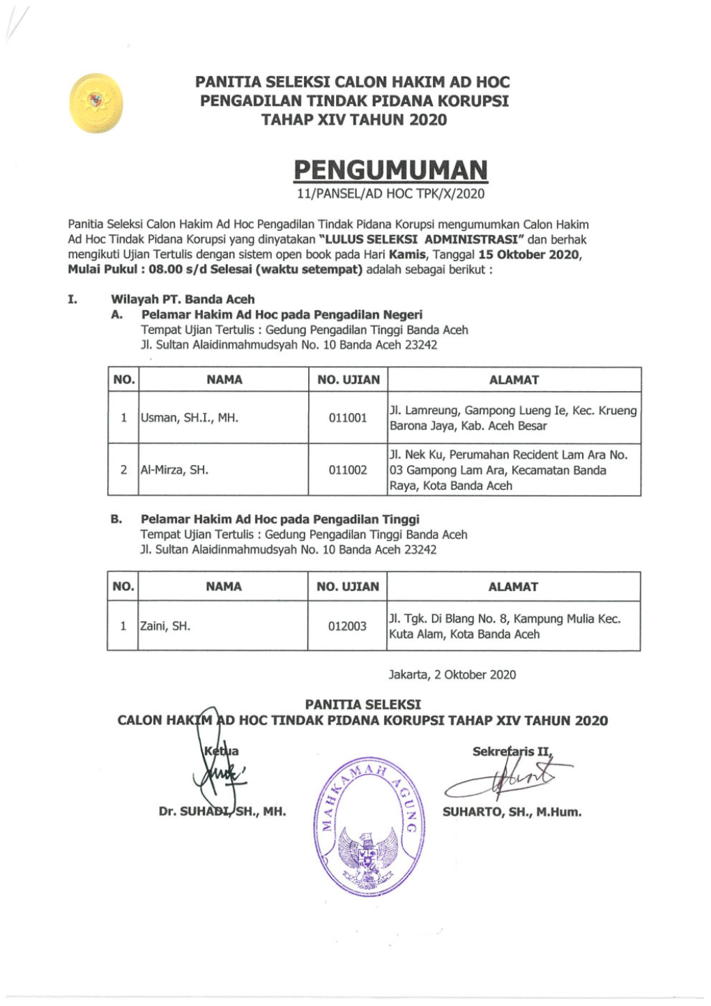 PENGUMUMAN Ll/PANSEL/AD HOC TPK/X/2020