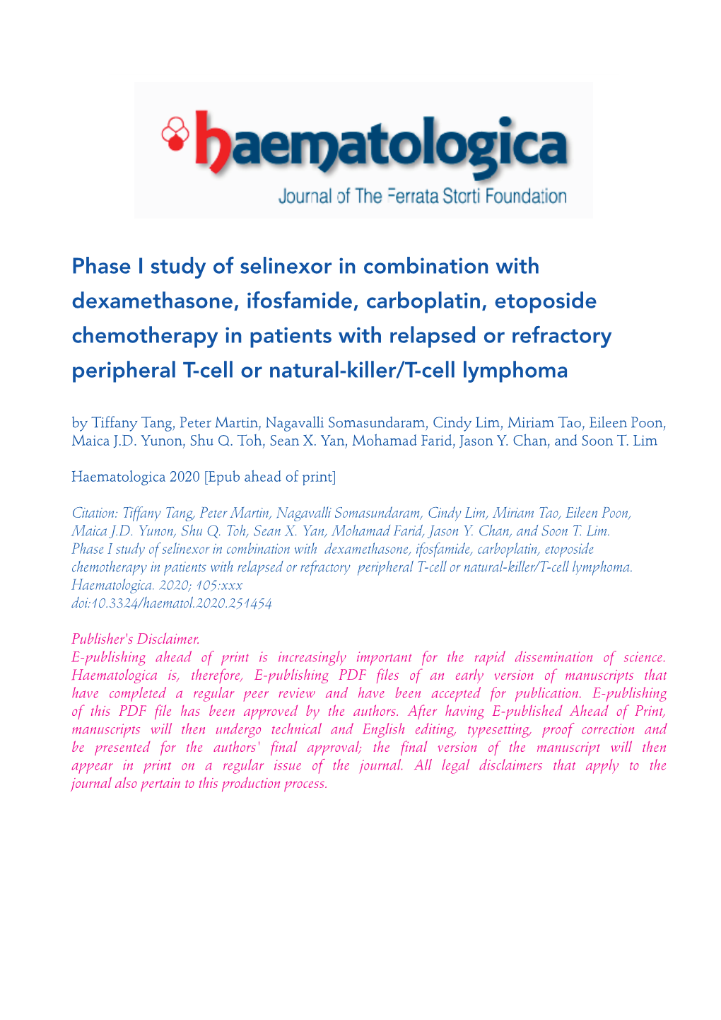 Phase I Study of Selinexor in Combination With