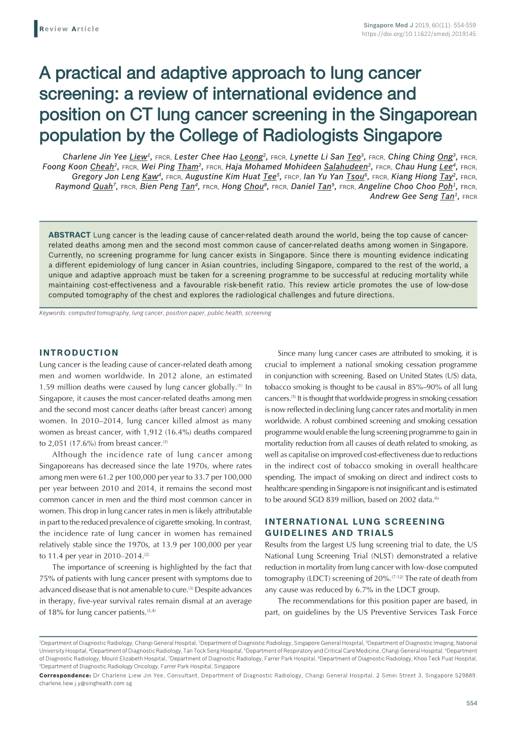 A Review of International Evidence and Position on CT Lung Cancer Screening in the Singaporean Population by the College of Radiologists Singapore