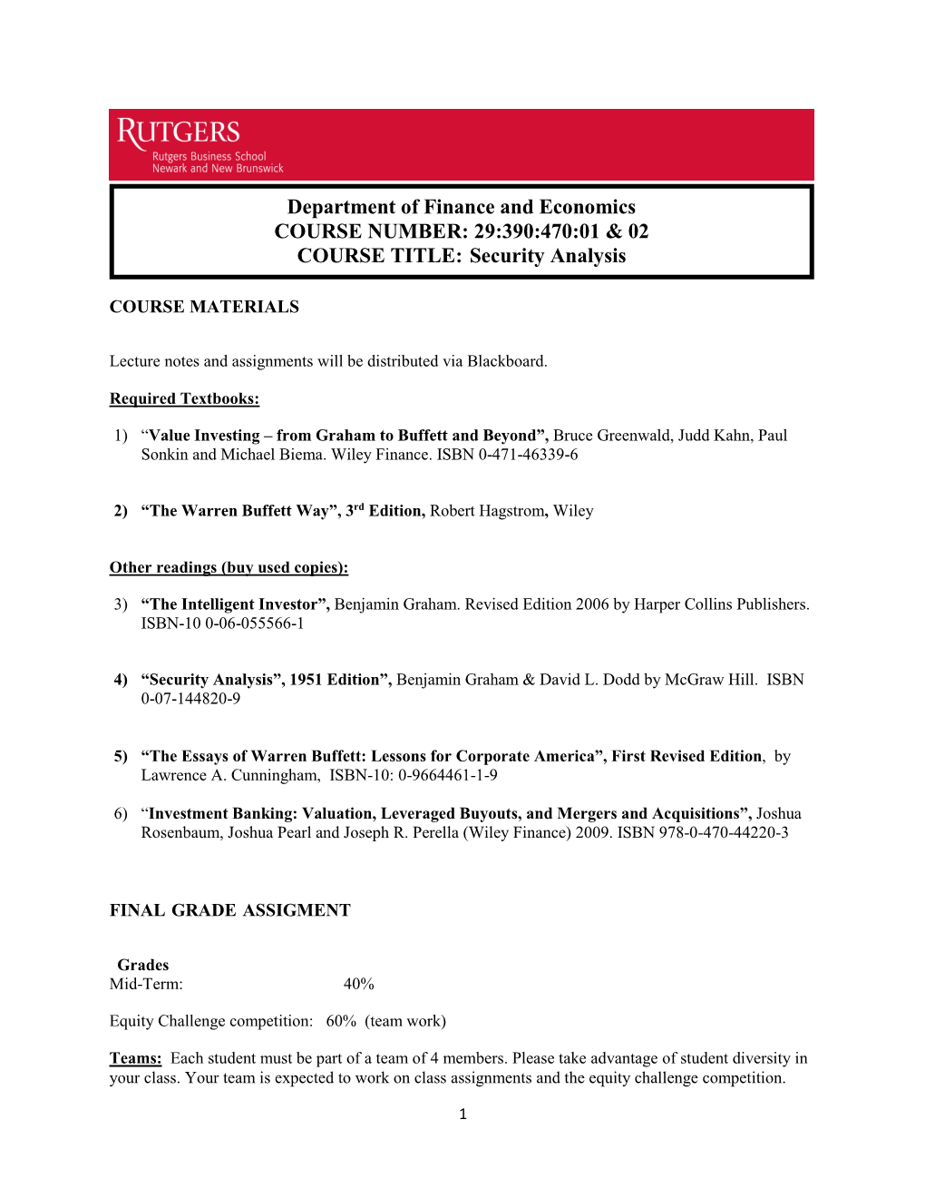 29:390:470:01 & 02 COURSE TITLE: Security Analysis