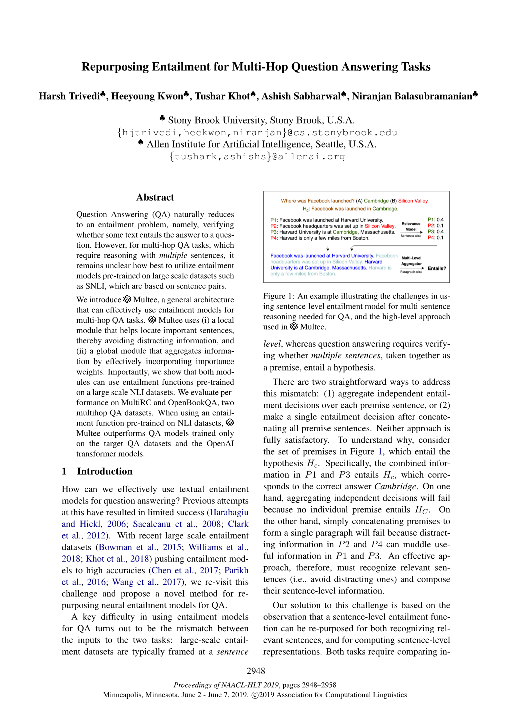 Repurposing Entailment for Multi-Hop Question Answering Tasks