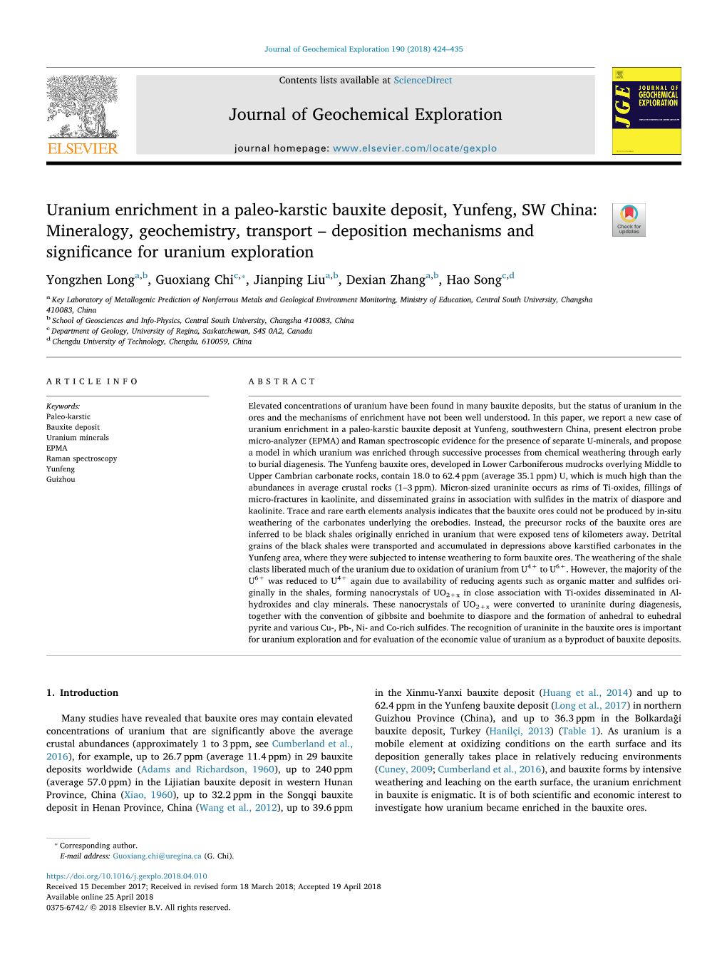 Uranium Enrichment in a Paleo-Karstic Bauxite Deposit, Yunfeng, SW China Mineralogy, Geochemistry, Transport