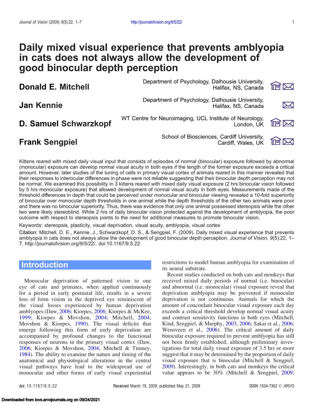 Daily Mixed Visual Experience That Prevents Amblyopia in Cats Does Not Always Allow the Development of Good Binocular Depth Perception