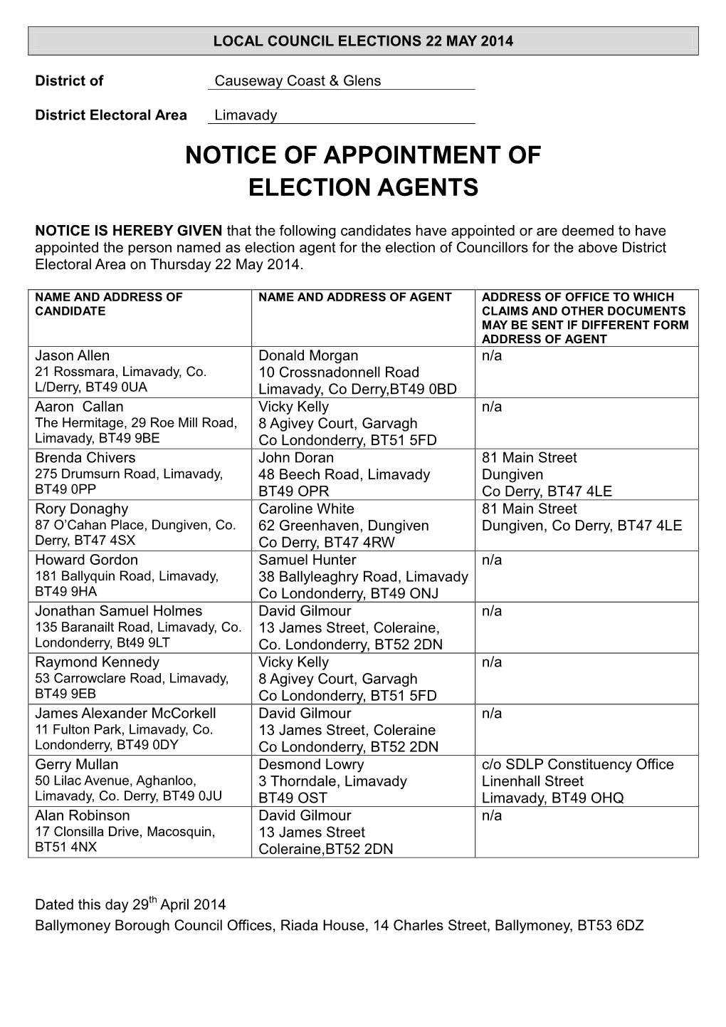 Notice of Appointment of Election Agents