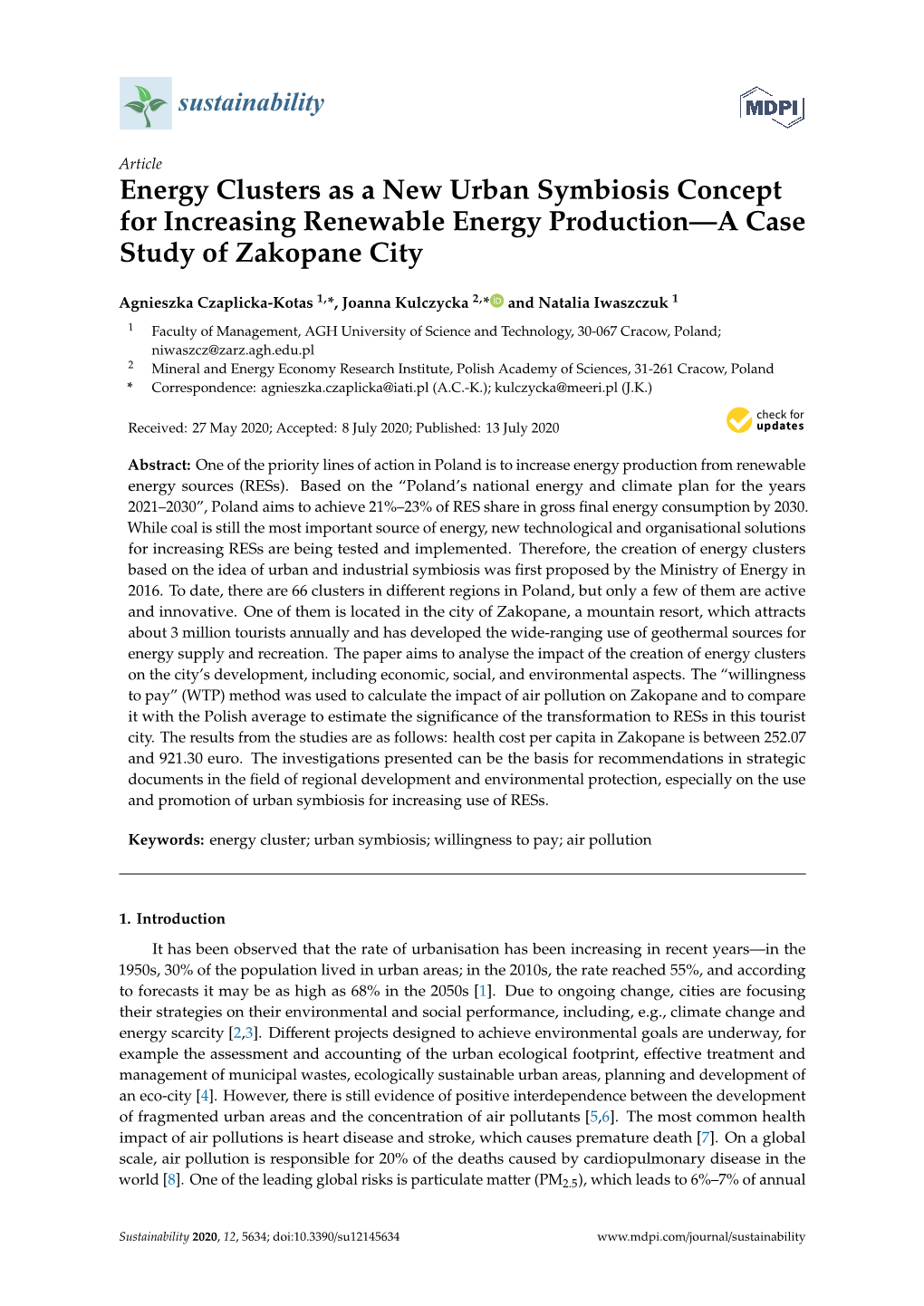 Energy Clusters As a New Urban Symbiosis Concept for Increasing Renewable Energy Production—A Case Study of Zakopane City