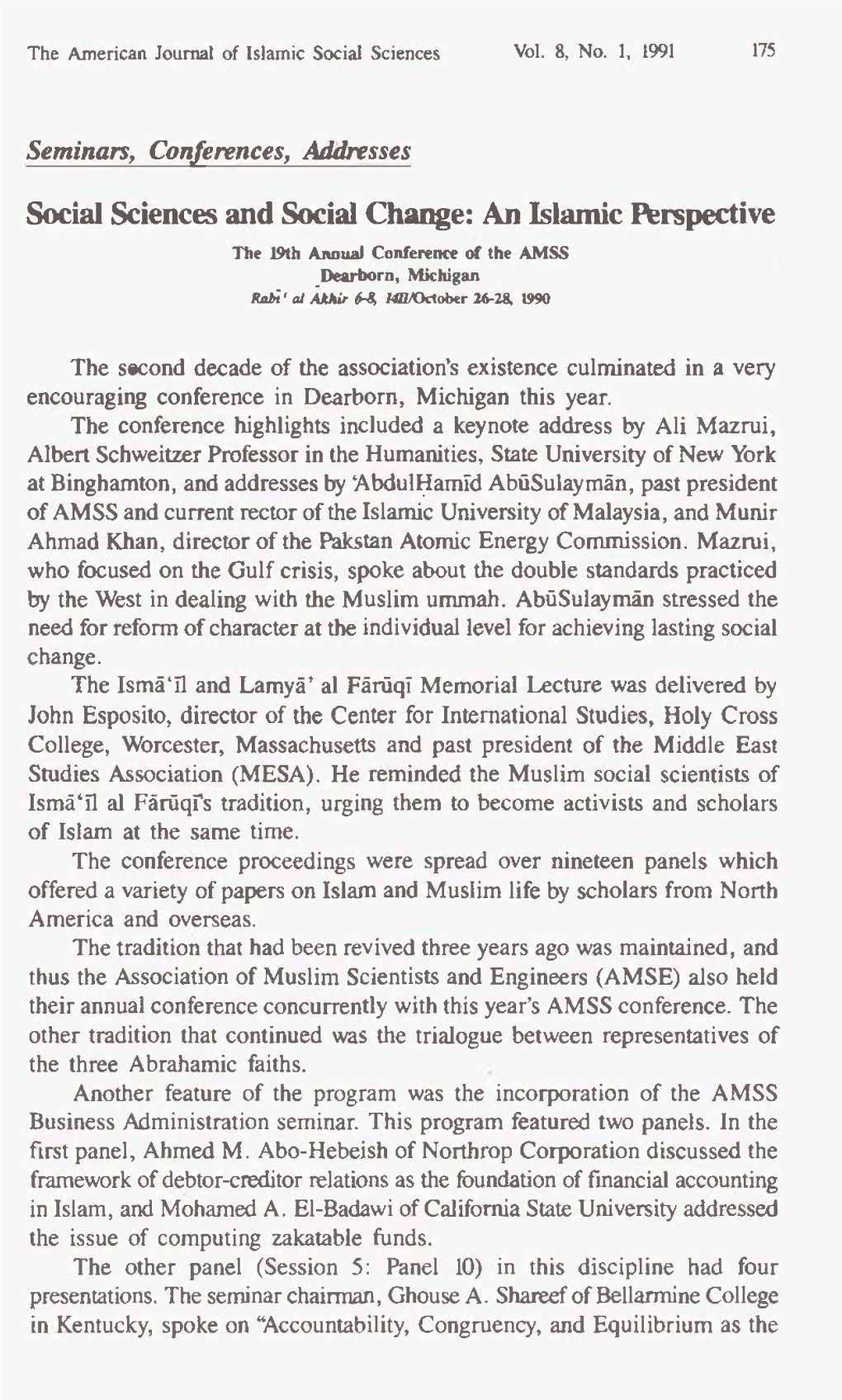 An Islamic Perspective the 19Th Annual Conference of the AMSS Dearborn, Michigan Rabi' Al Akhir� 1411/0Ctober 26-28, 1.990