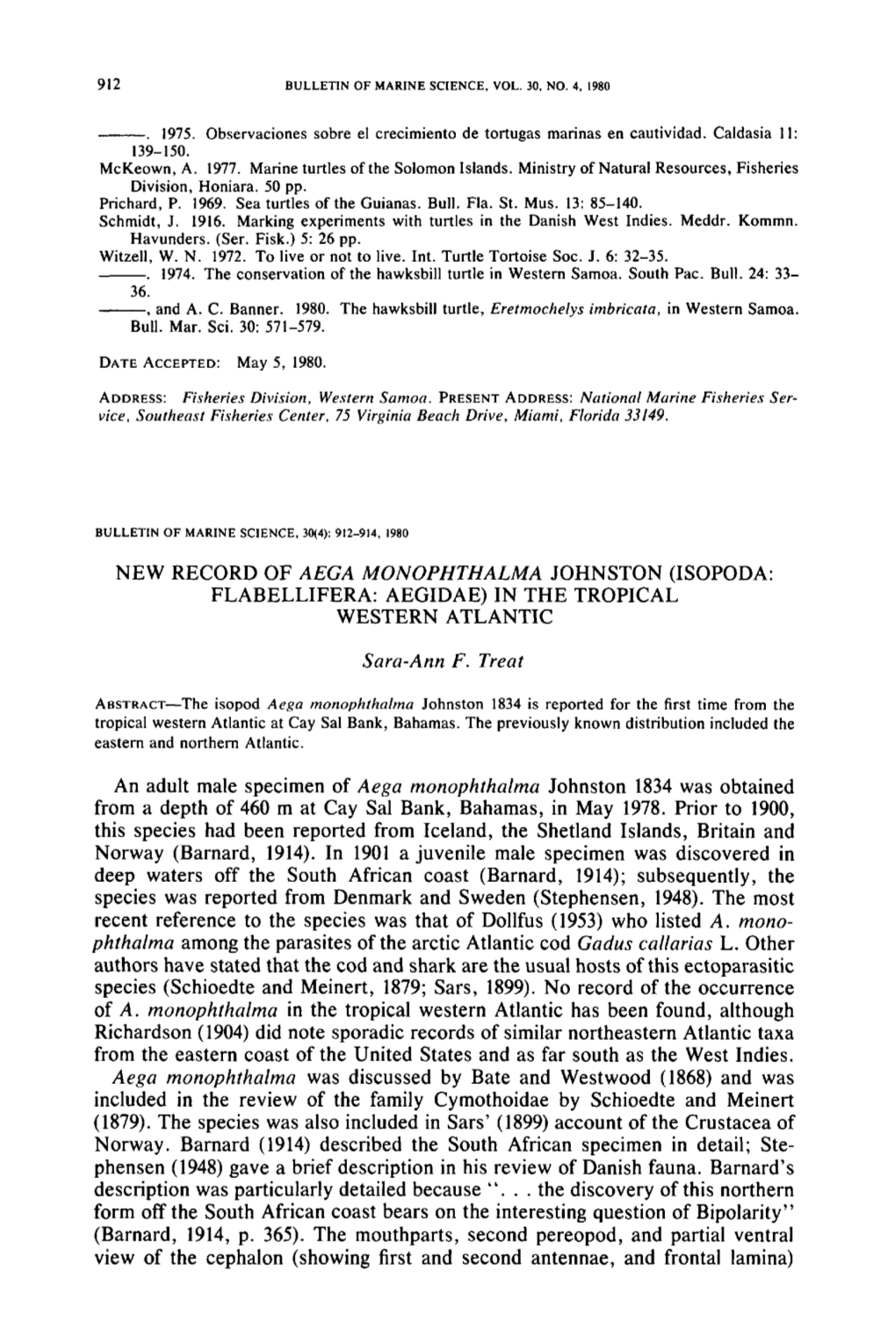 (Isopoda: Flabellifera: Aegidae) in the Tropical Western