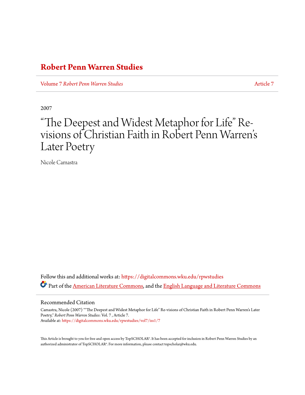 Re-Visions of Christian Faith in Robert Penn Warren's