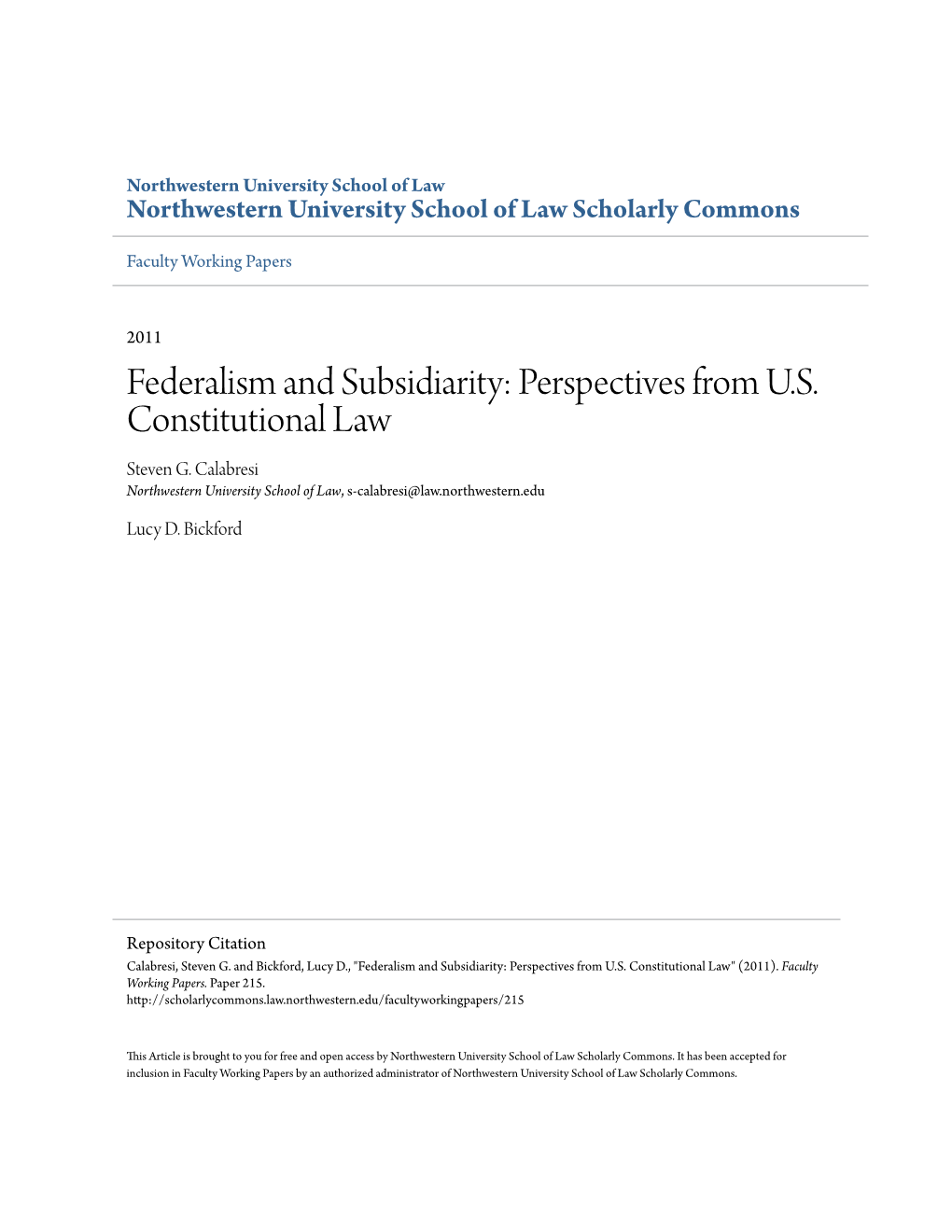 Federalism and Subsidiarity: Perspectives from US