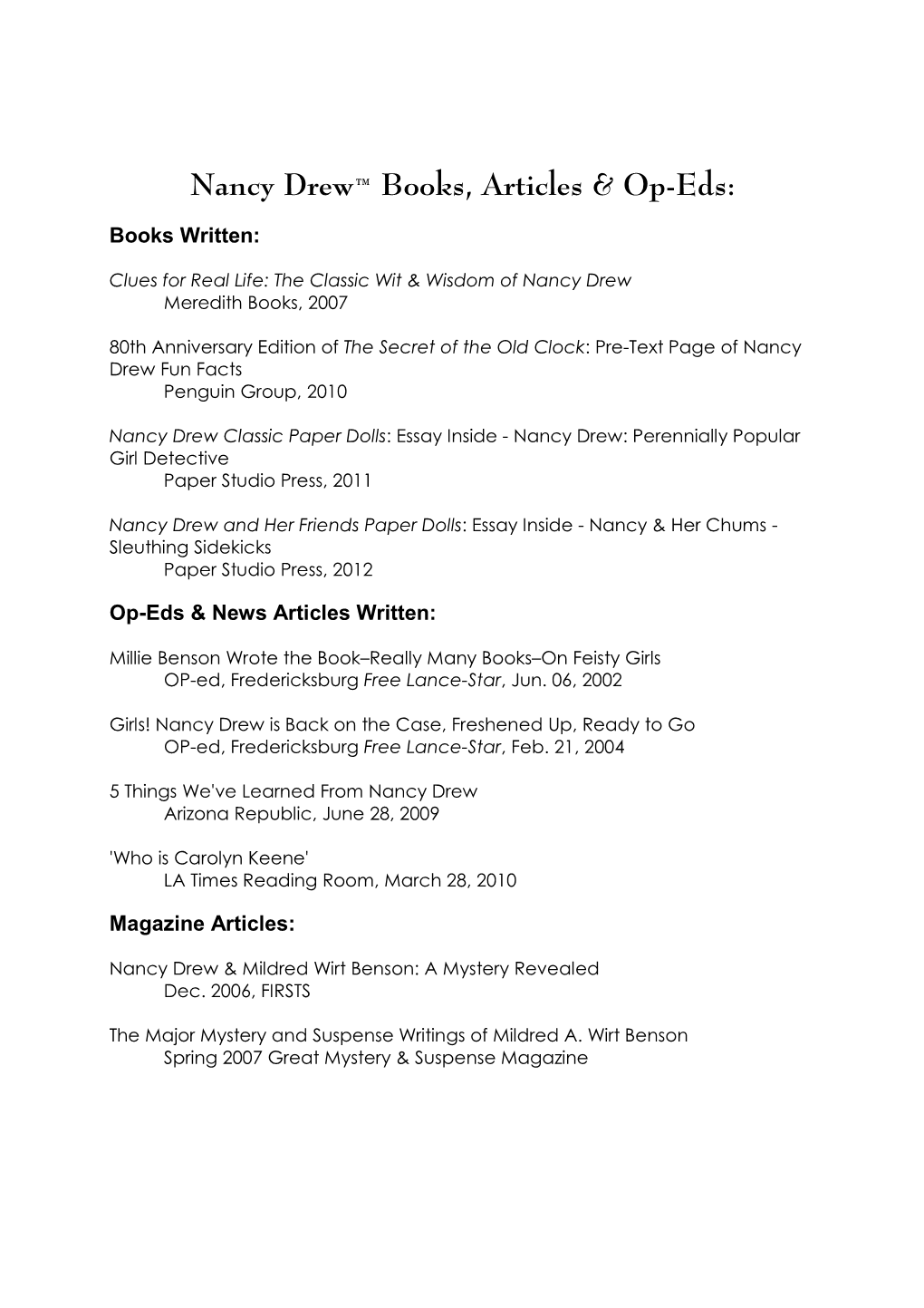 Nancy Drew™ Books, Articles & Op-Eds