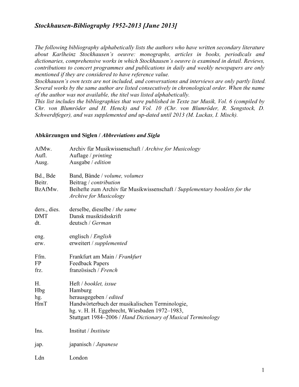 Bibliographie Stockhausen 1952-2013 Engl