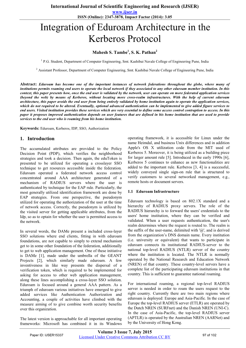 Integration of Eduroam Architecture in the Kerberos Protocol