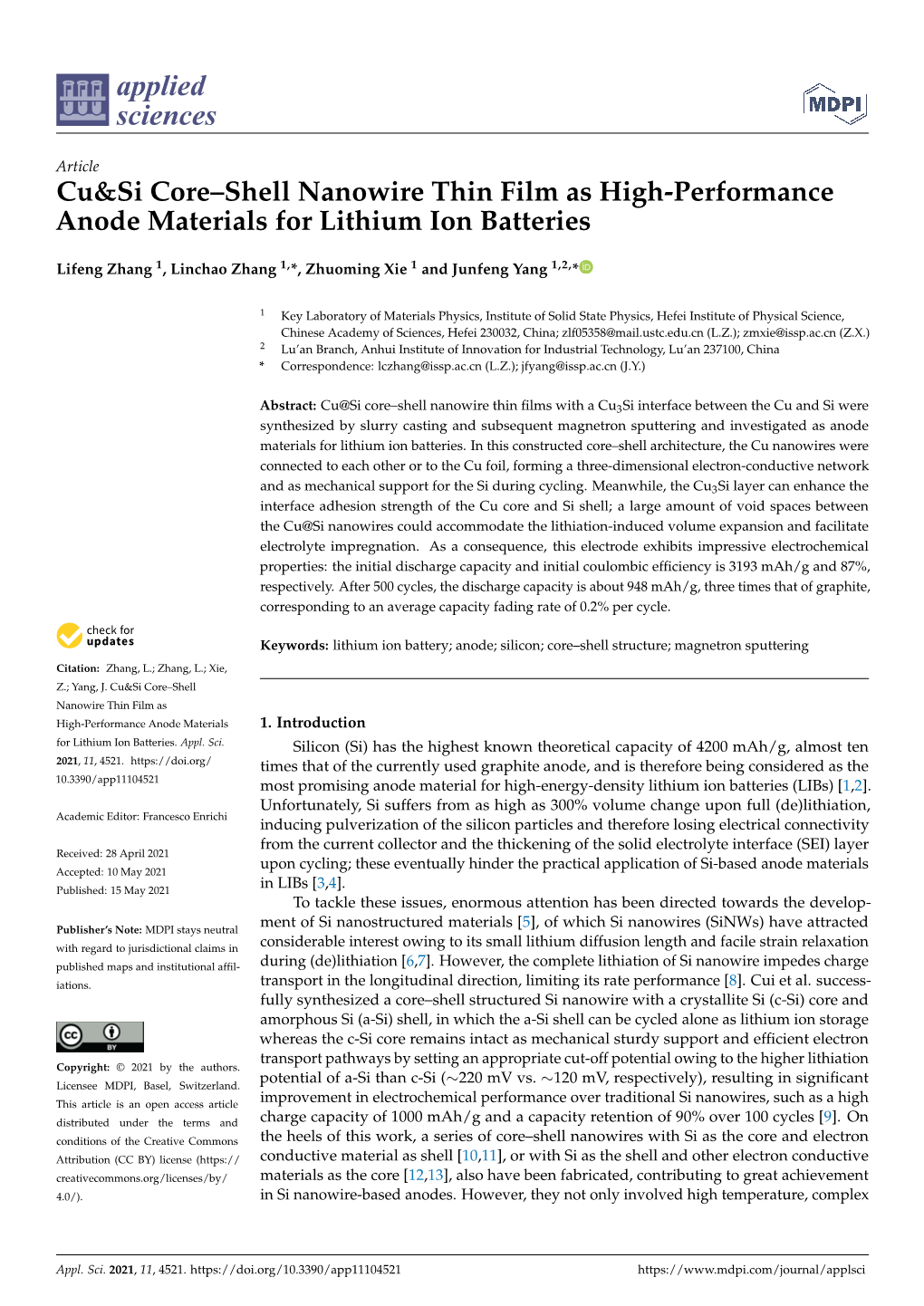 Cu&Si Core–Shell Nanowire Thin Film As High-Performance Anode