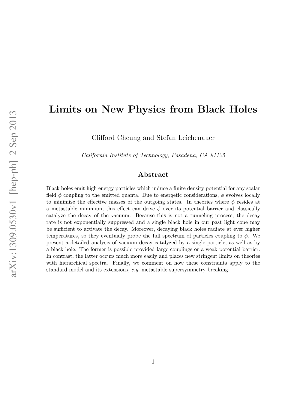 Limits on New Physics from Black Holes Arxiv:1309.0530V1