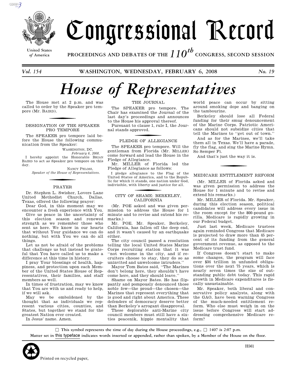 Congressional Record United States Th of America PROCEEDINGS and DEBATES of the 110 CONGRESS, SECOND SESSION