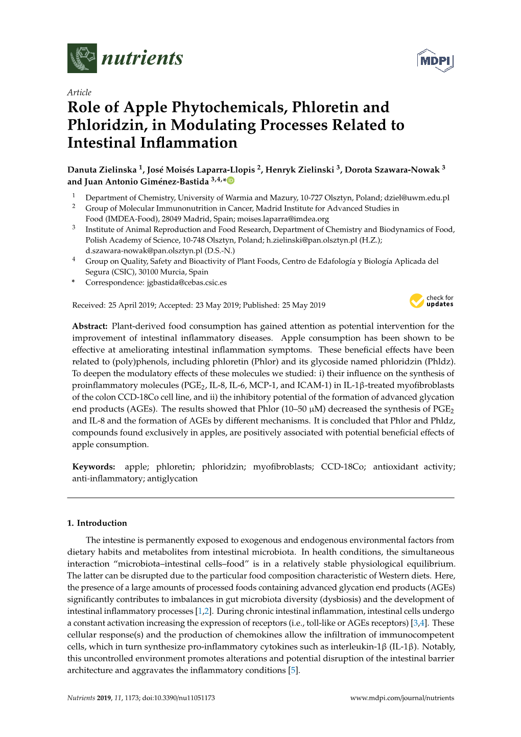 Role of Apple Phytochemicals, Phloretin and Phloridzin, in Modulating Processes Related to Intestinal Inﬂammation