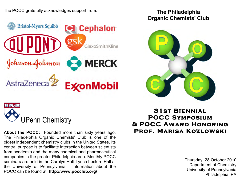 Upenn Chemistry POCC Symposium & POCC Award Honoring About the POCC: Founded More Than Sixty Years Ago, Prof