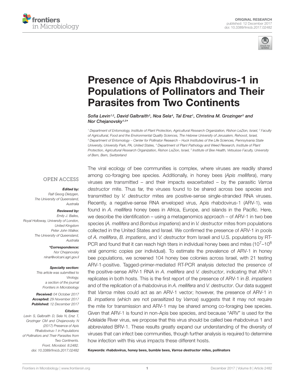Presence of Apis Rhabdovirus-1 in Populations of Pollinators and Their Parasites from Two Continents
