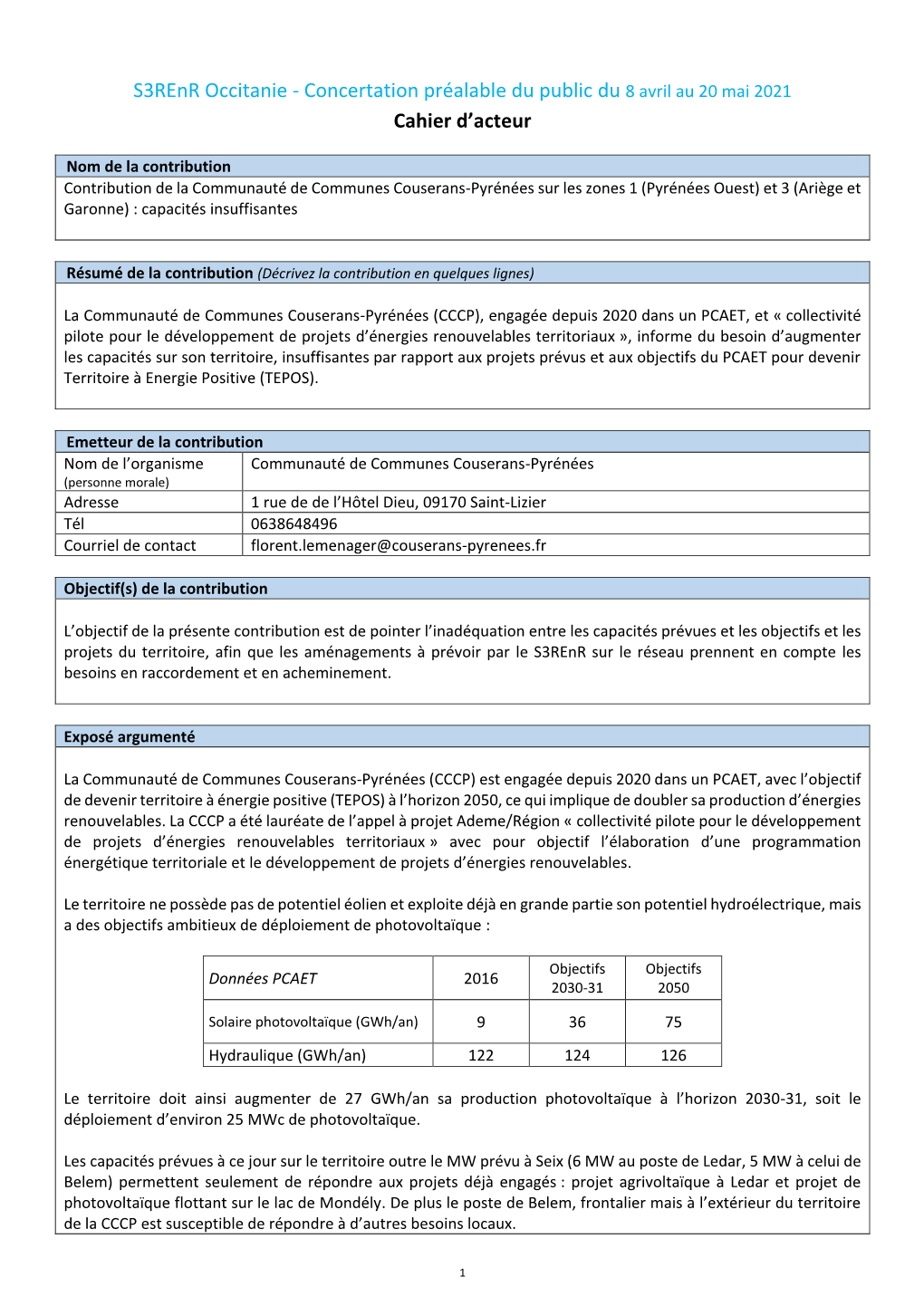 S3renr Occitanie - Concertation Préalable Du Public Du 8 Avril Au 20 Mai 2021 Cahier D’Acteur