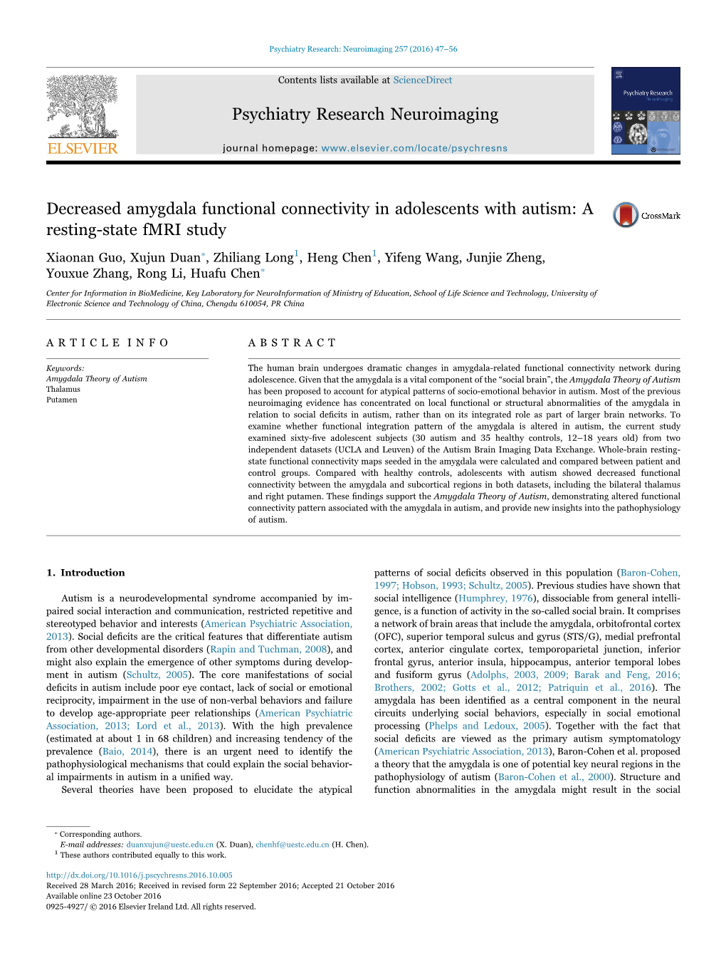 Decreased Amygdala Functional Connectivity in Adolescents with Autism a Resting-State Fmri Study