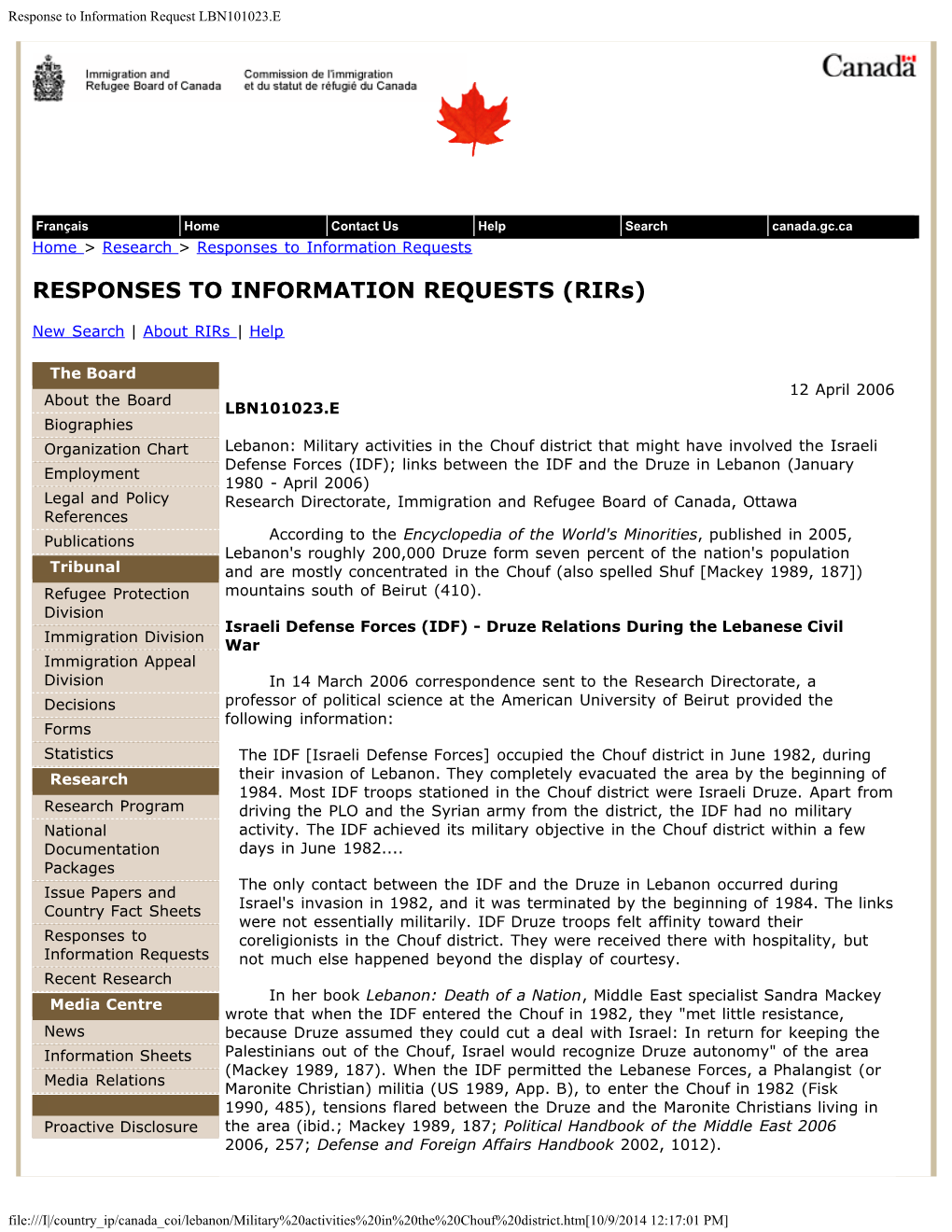 Lebanon: Military Activities in the Chouf District That Might Have Involved the Israeli Defense Forces (IDF); Links Between