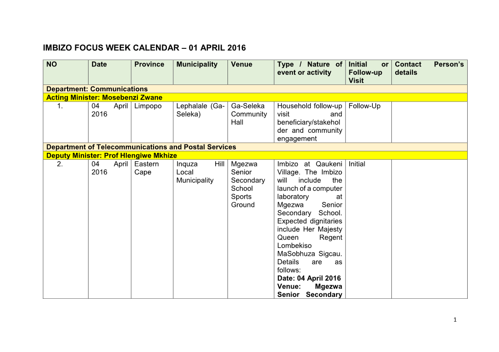 Imbizo Focus Week Calendar – 01 April 2016