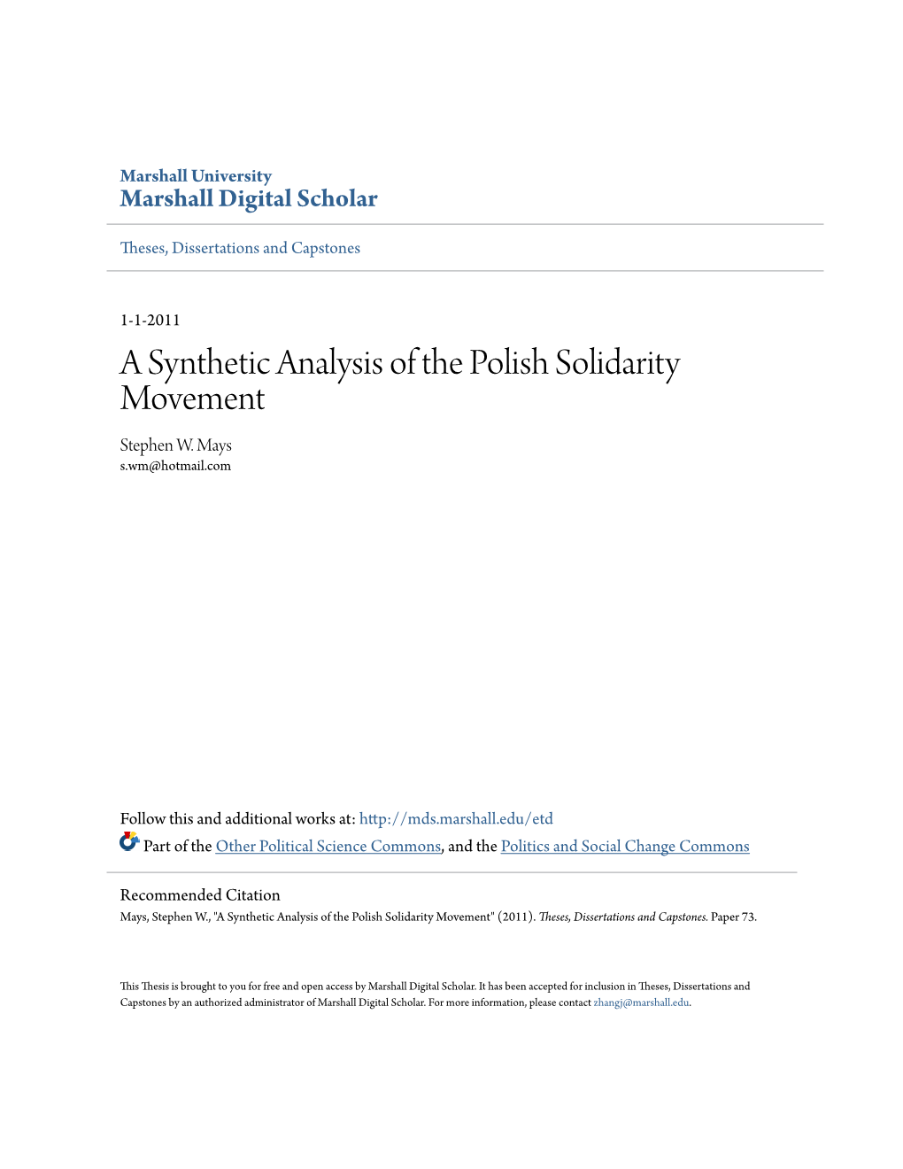 A Synthetic Analysis of the Polish Solidarity Movement Stephen W