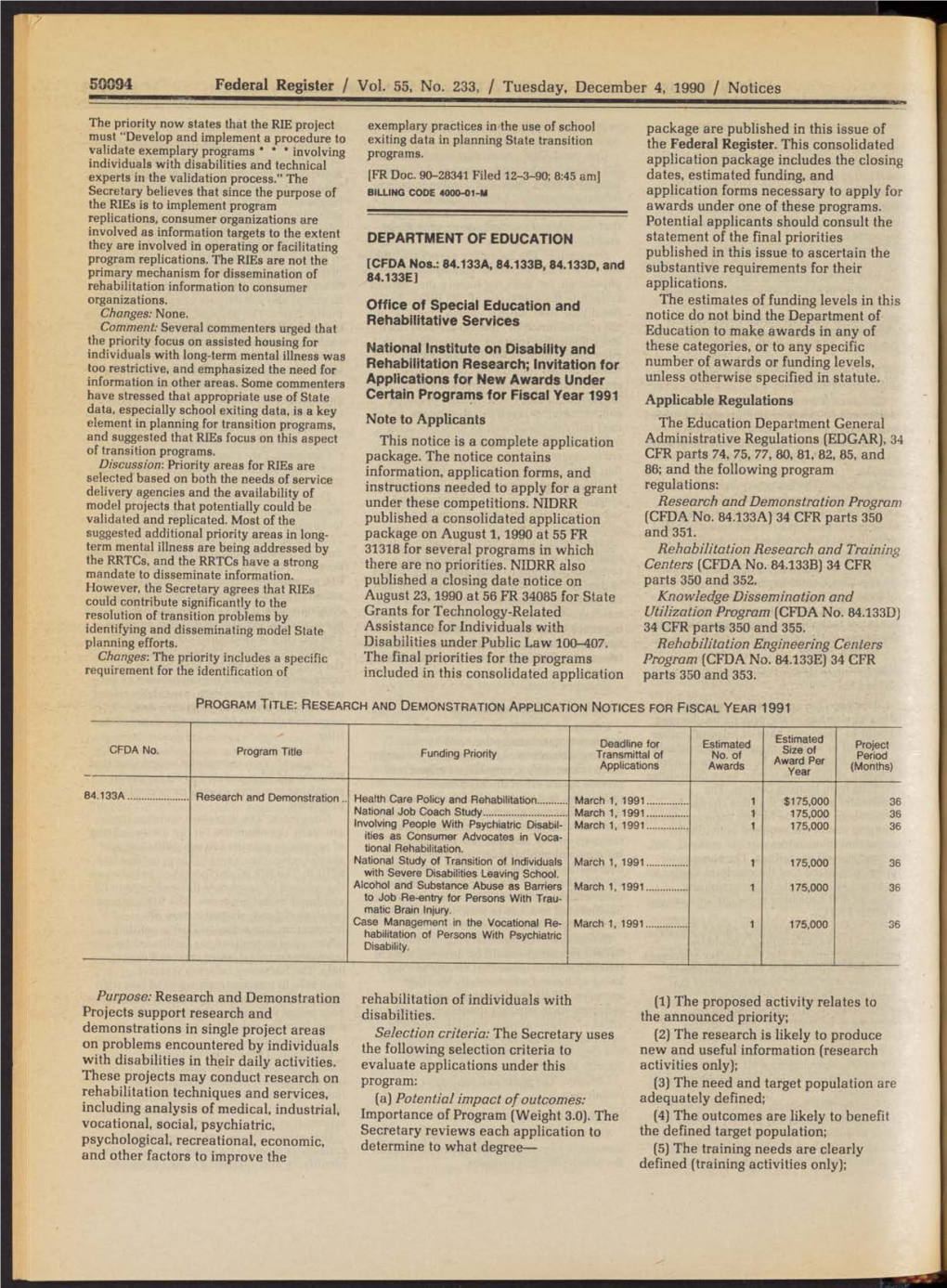 50094 Federal Register / Vol. 55, No. 233, / Tuesday, December 4, 1990 / Notices